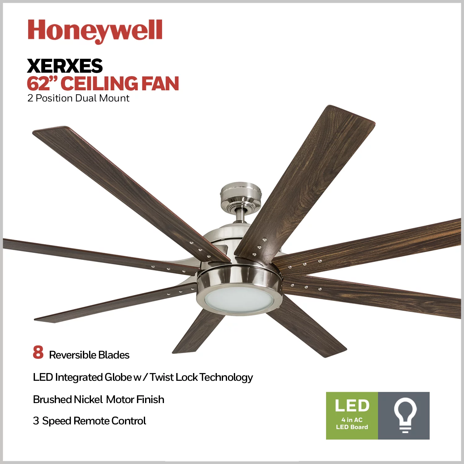 Honeywell Xerxes 62' Brushed Nickel LED Remote Control Ceiling Fan, 8 Blade, Integrated Light