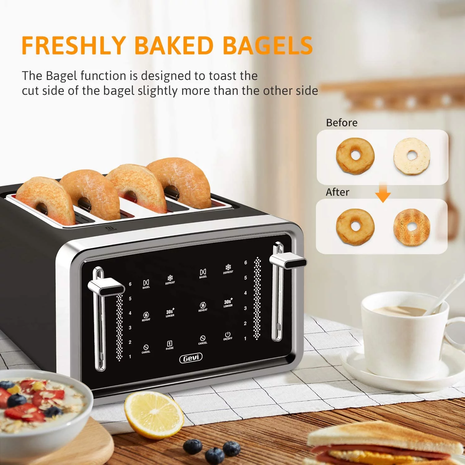 Gevi Toaster 4 Slice Toaster LED Digital Touch Screen, Extra-Wide Slots, Removable Crumb Tray, Black + Silver