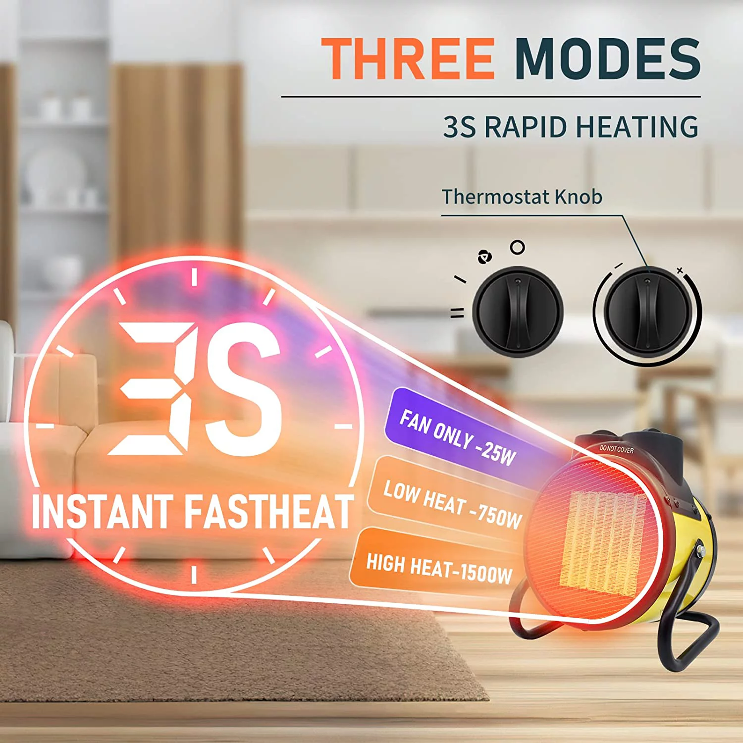 1500W Portable Patio Heater Outdoor - Electric Garage Heaters with Super Long Cord, Heat Up in 3 Seconds, Thermostat, 3 Modes, Small Fan Heaters for Patio, Garage, Tent Ceramic Space Heater