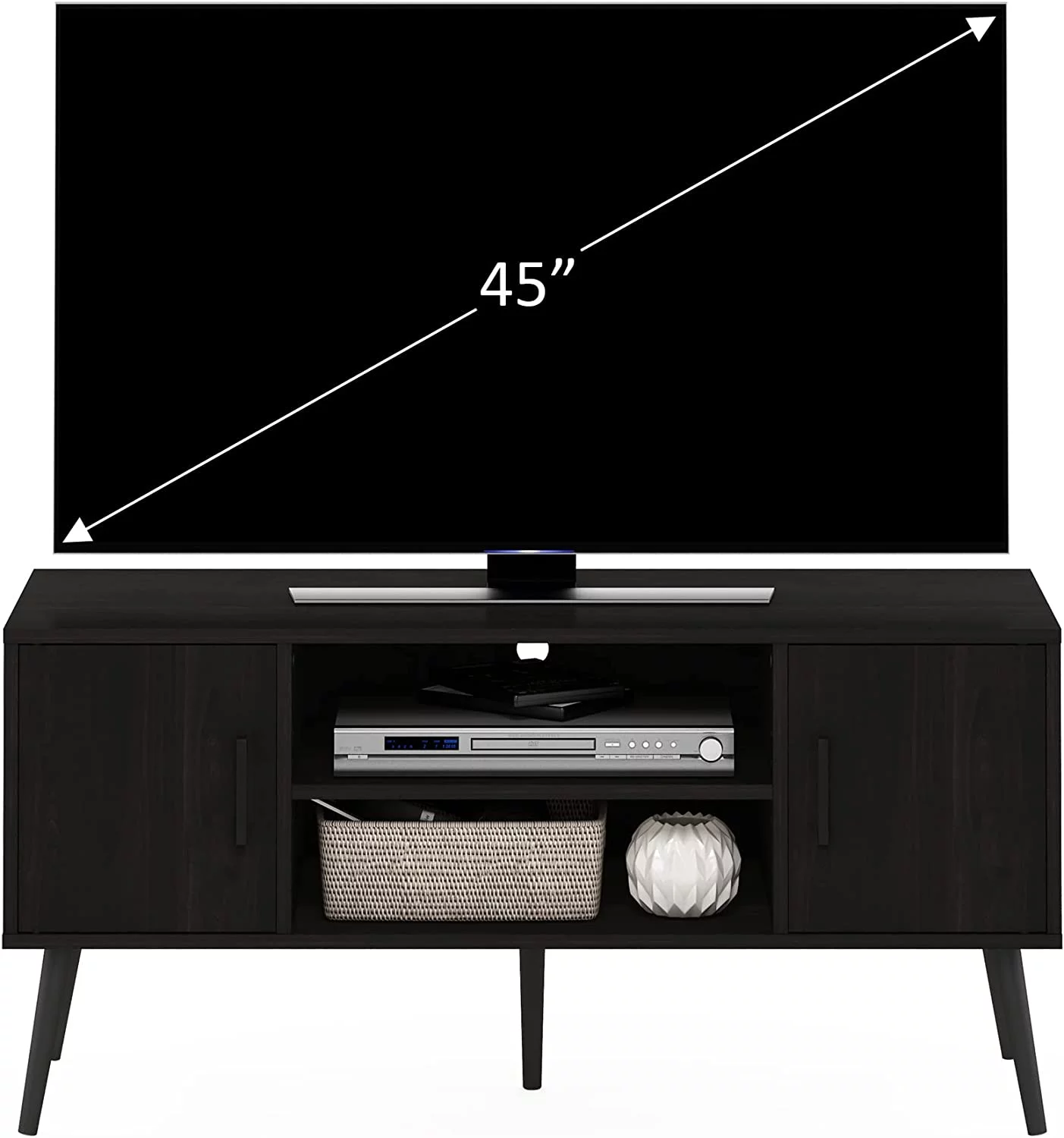 Furinno Claude Mid Century Style TV Stand with Wood Legs, Two Cabinets, Espresso