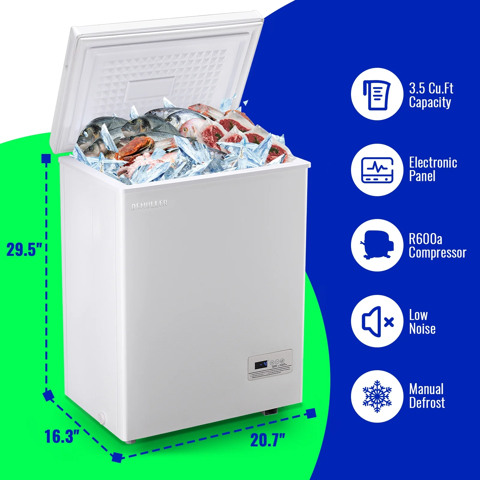 DEMULLER 3.5 Cu.ft Chest Freezer with Electronic Panel, Accurate Temperature Display to 1�H WHITE