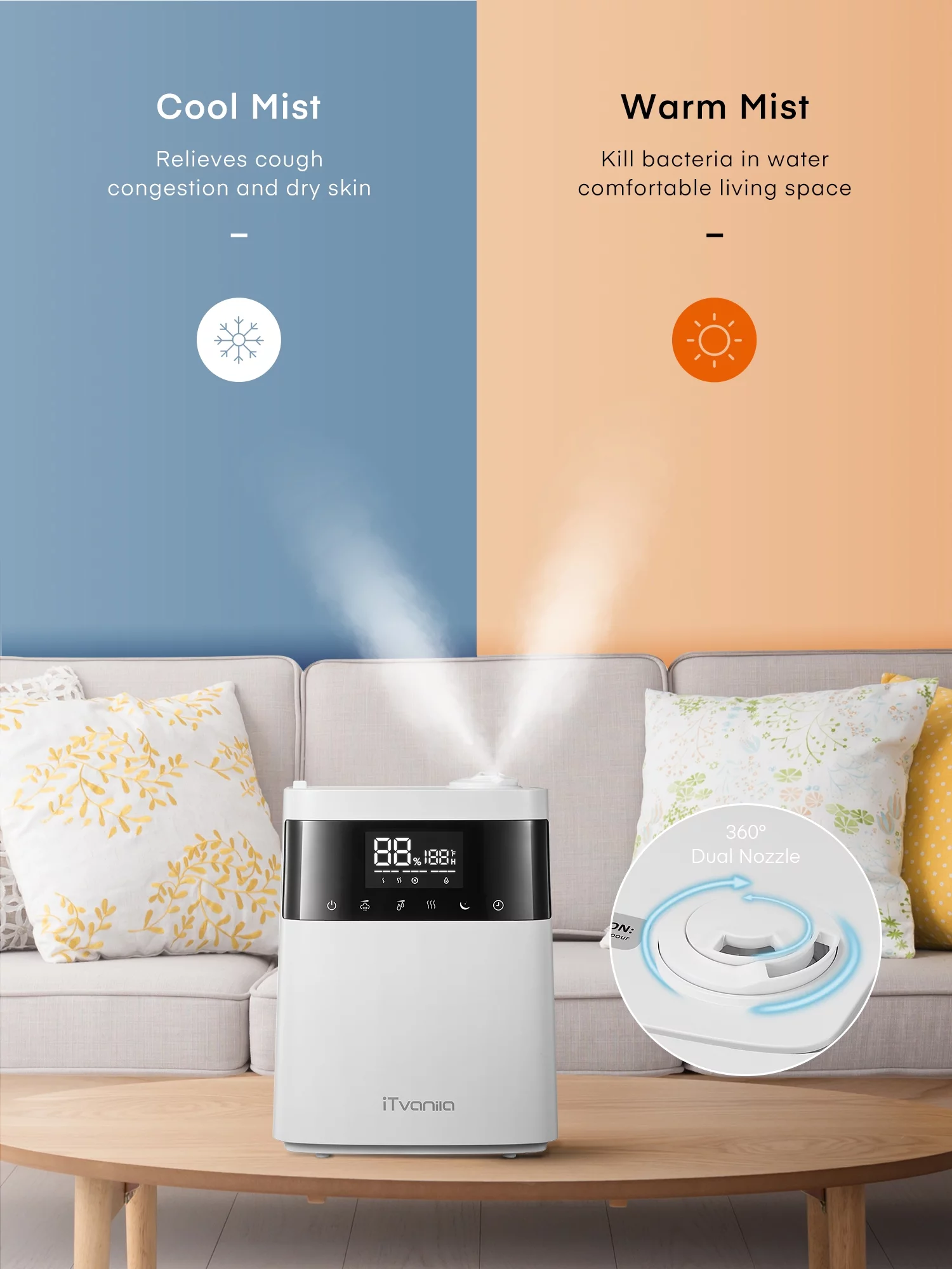 ITvanila Humidifier, 5.5L Warm and Cool Mist Humidifiers for Bedroom with Customized Humidity, Sleep Mode and 12H Timer, for Living Room, Office and Baby Room (White)