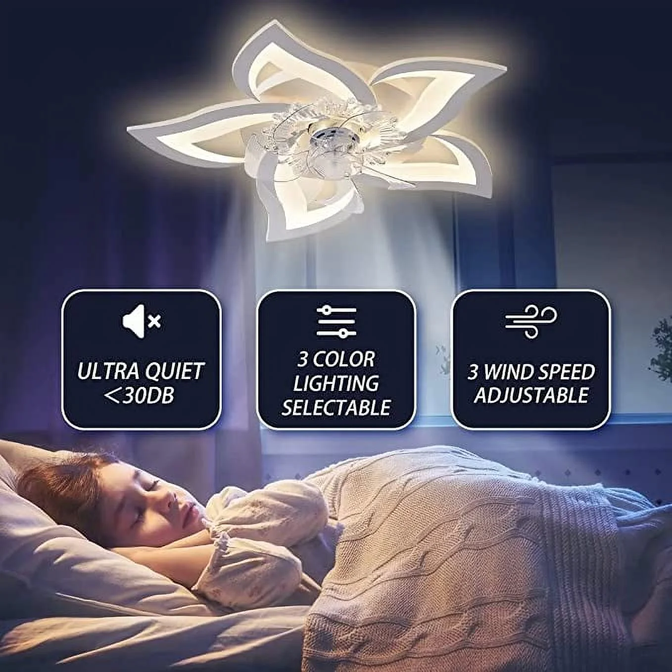 27inch Ceiling Fan with Lights and Remote Control, 6 Petals Modern Bladeless Flush Mount Fan Light, Low Profile 3 Switchable LED Light and Ultra Quiet 6 Gear Wind Speed, Ceiling Fan with Smart Timer