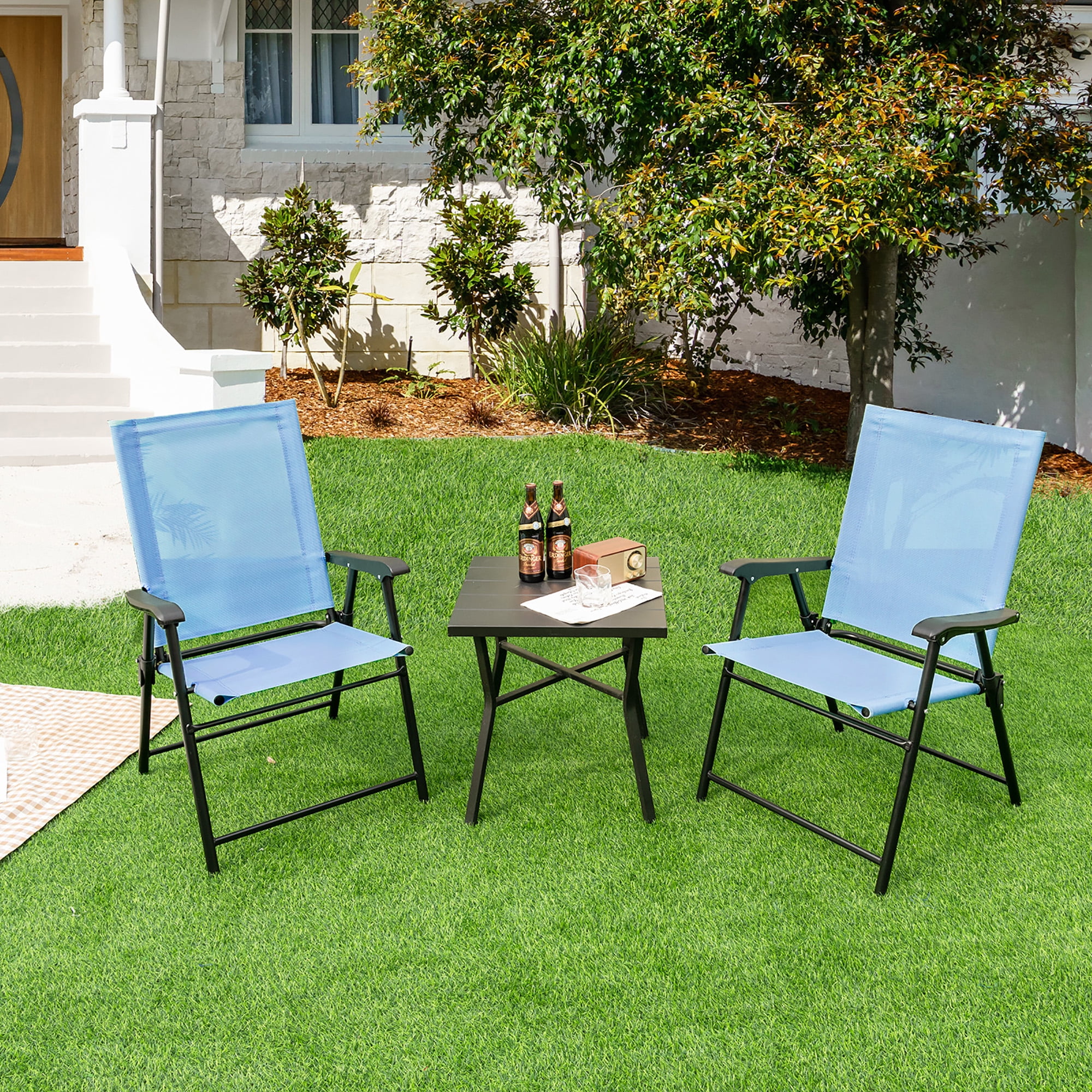 Costway 2pcs Patio Portable Armrests Chair Folding Sling Back Chair Blue