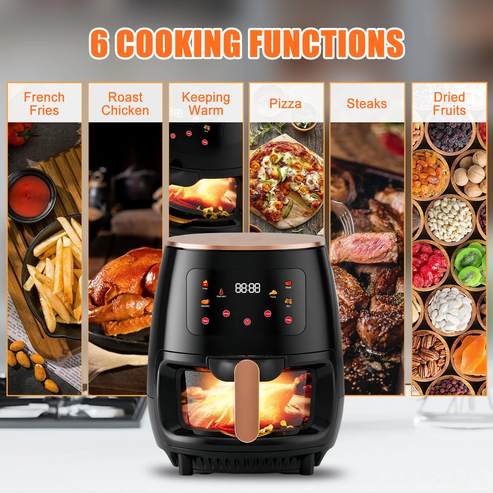 6QT Air Fryer with Visible Cooking Window, Electric Hot Oven with Digital LED Touchscreen, Glass Basket,2400W