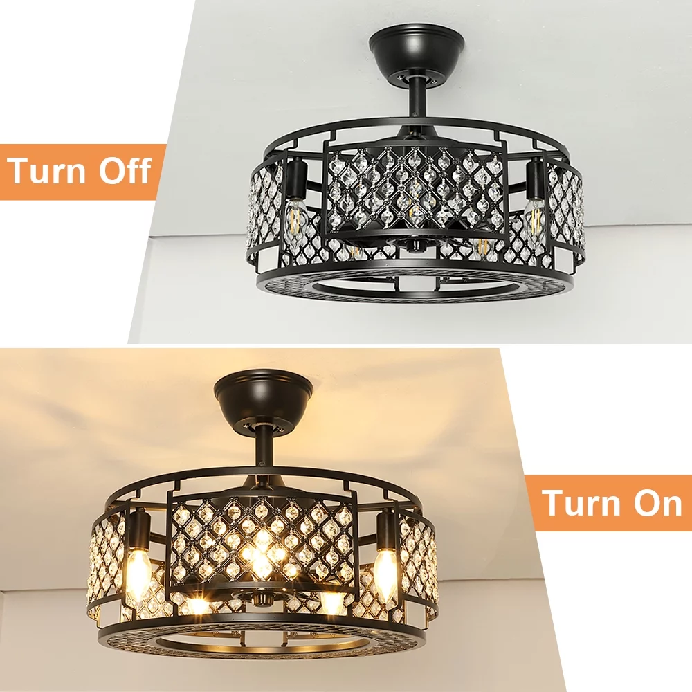 Depuley Crystal Chandelier Ceiling Fan with Lights and Remote Industrial Matte Black Metal Caged Ceiling Fan Light Fixture for Living room Bedroom Dining Hallway,3 Speeds, E12 Socket
