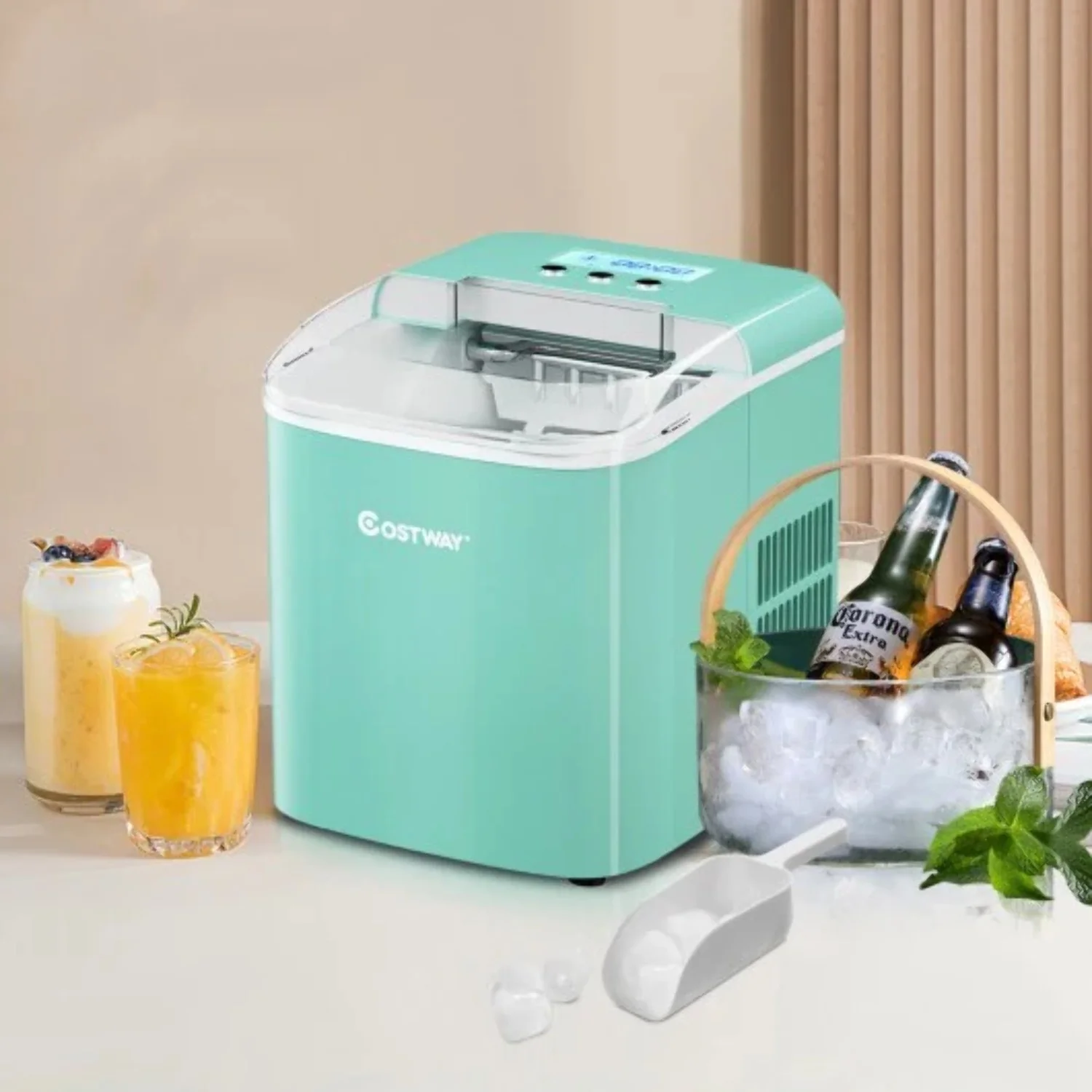 26 lbs Countertop LCD Display Ice Maker with Ice Scoop-Light Green - Color: Light Green