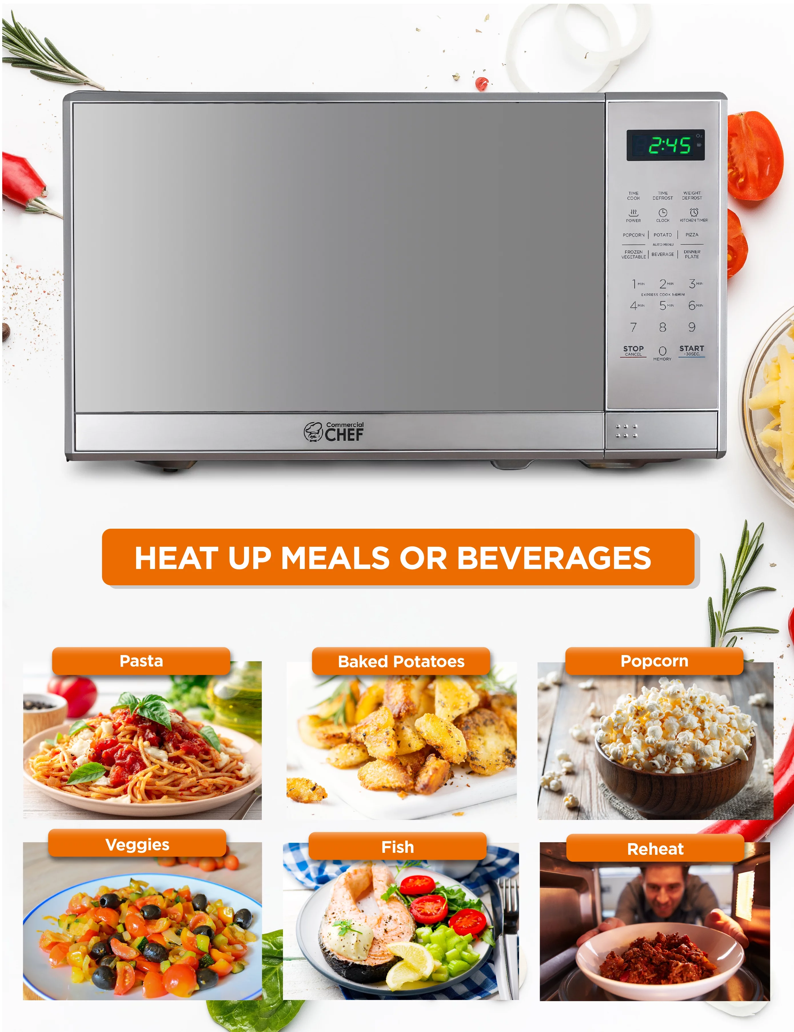 COMMERCIAL CHEF CHM7MS Small Microwave 0.7 Cu. ft. With 10 Power Levels