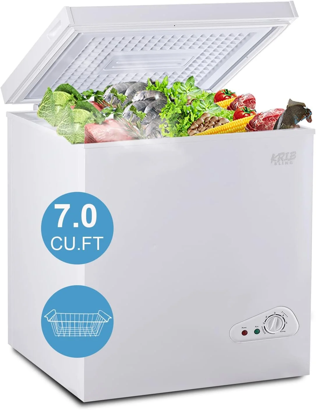 KRIB BLING 7.0 Cu.Ft Compact Chest Freezer with Removable Basket, Krib Bling Top Door Open Freestanding Deep Freezer with 7 Gears Temperature Adjustment, Ideal for Home, Kitchen & Office, Black