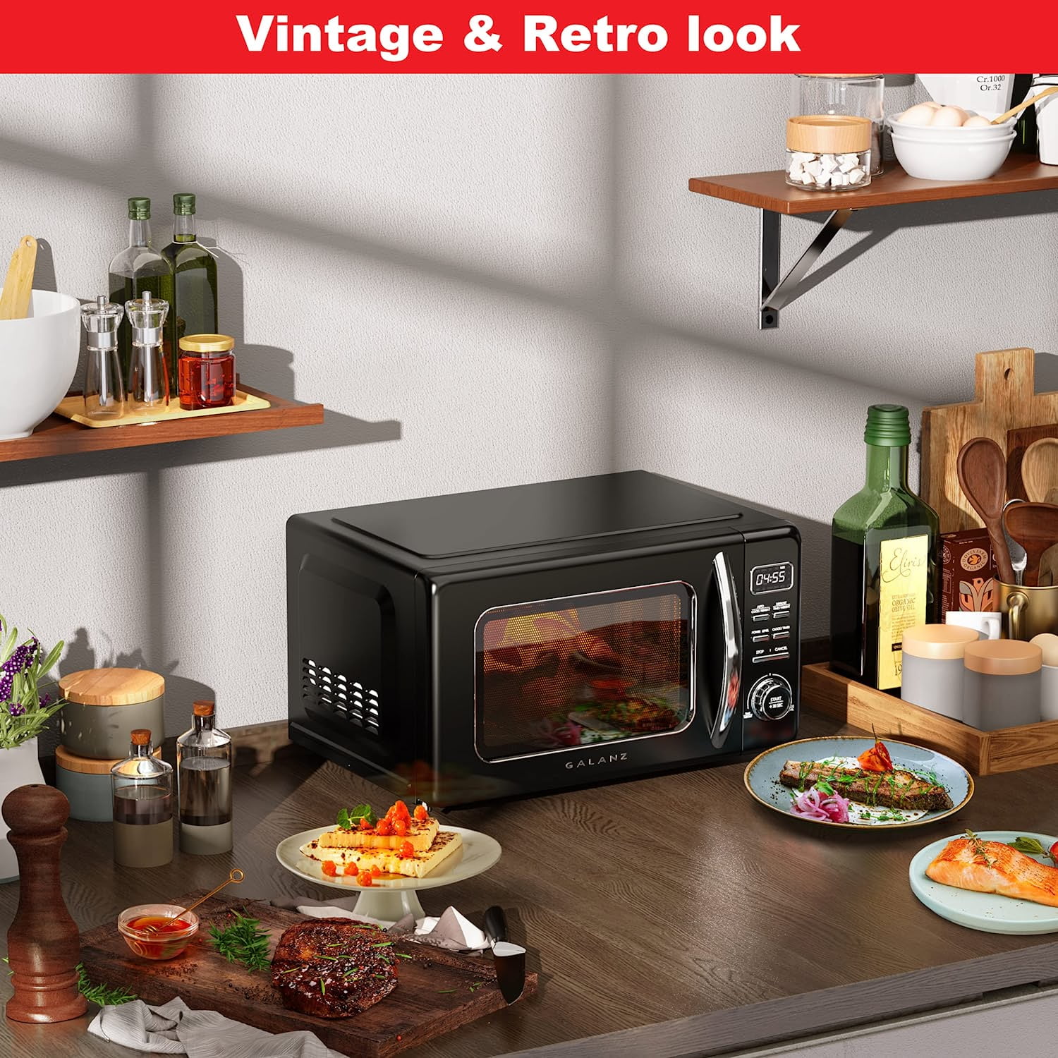 Galanz Retro Microwave Oven with Auto Cook & Reheat, Defrost, Quick Start Function, Easy Clean, .7 cu ft, Black
