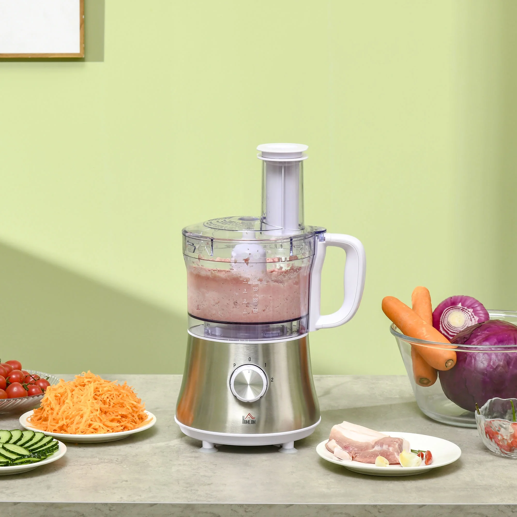 HOMCOM 2 in 1 Blender and Food Processor Combo for Chopping, Slicing, Shredding, Mincing and Pureeing for Vegetable, Meat and Nuts, 500W 5-Cup Bowl, 1.5L Blender Jug, 3 Blades and Adjustable Speed