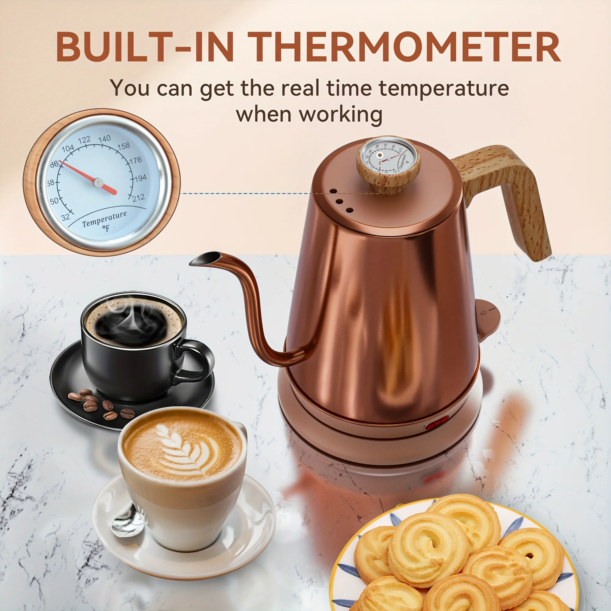 Gooseneck Electric Kettle With Thermometer, Copper Tea Kettle With Auto Shut-Off,1000W Hot Water Kettle Electric Of Stainless Steel,Electric Kettles For,Coffee & Tea
