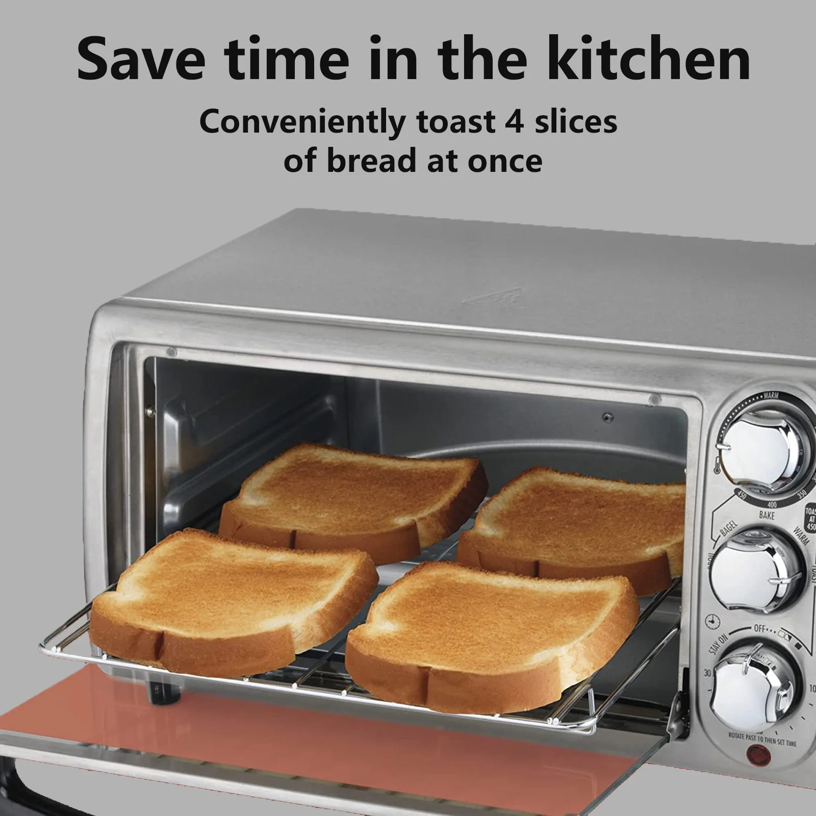 4-Slice Countertop Toaster Oven - Bake Broil Toast Warm Bagel 5-In-1 (Stainless Steel)