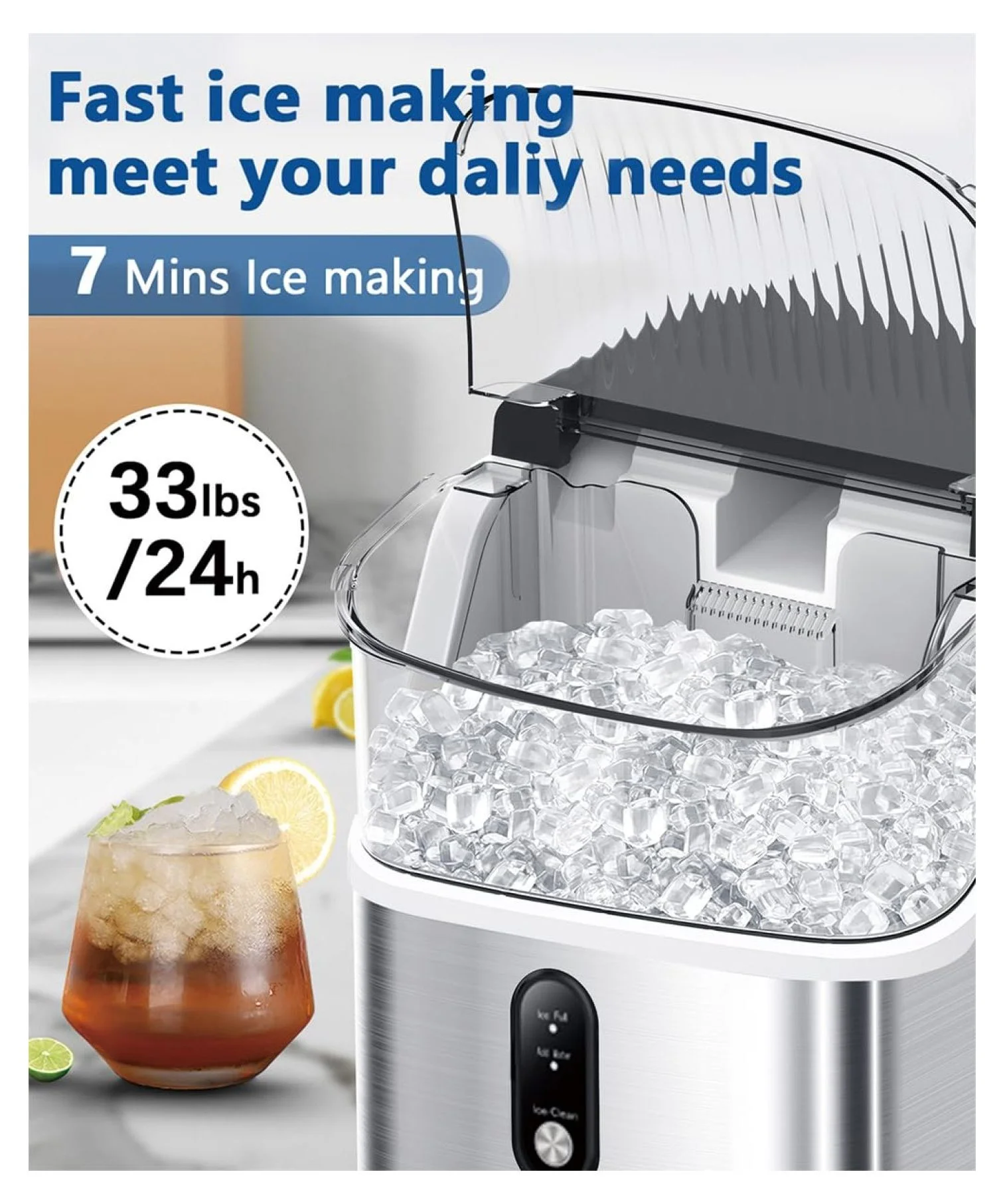 Ice Maker Countertop, 10,000pcs/33lbs/Day, Portable Nugget Ice Maker Machine with Handle, Self-Cleaning, Handheld Ice Maker for Kitchen/Home/Office/Party, Stainless Steel, Silver