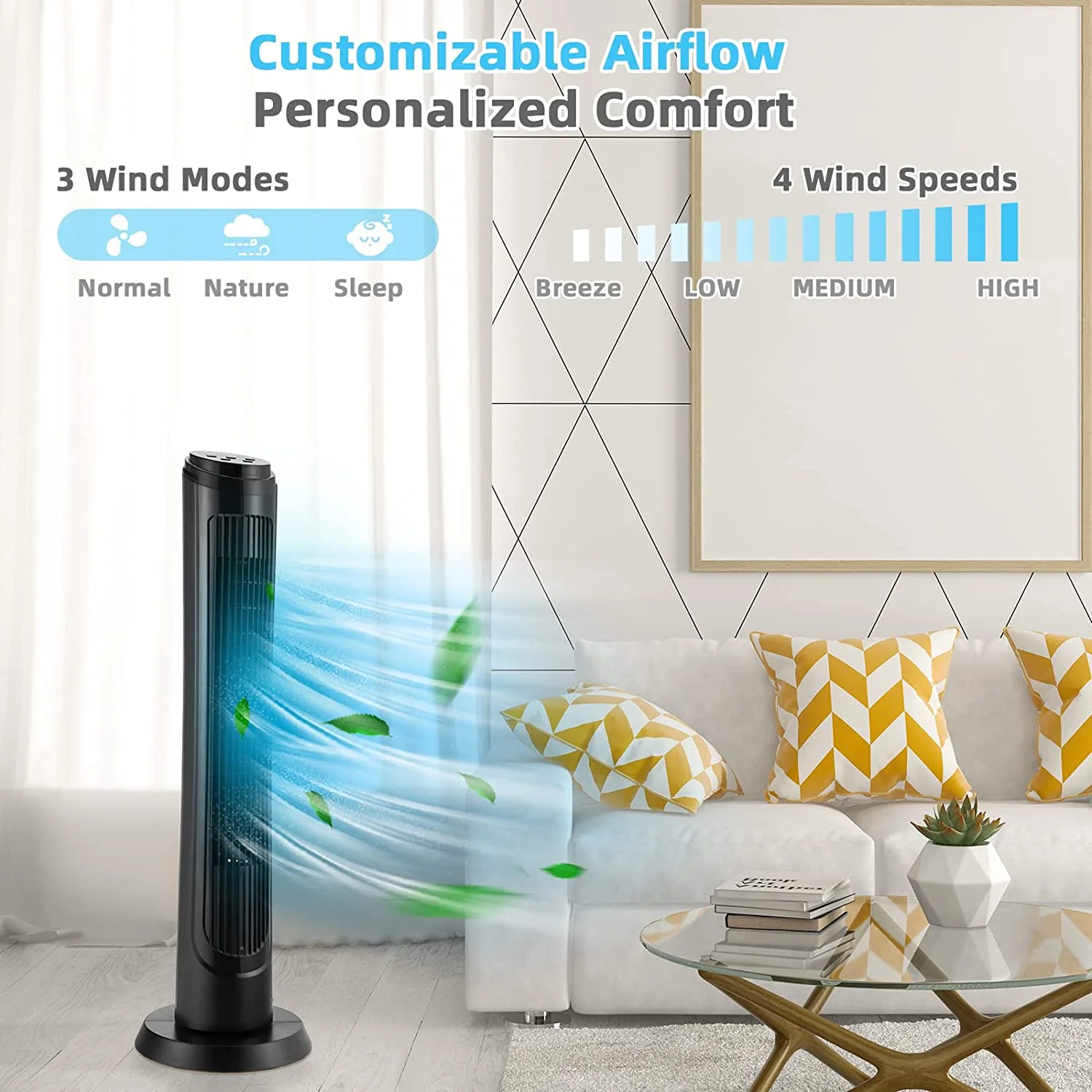 40 Inch Tower Fan with Remote, Oscillating Standing Fan with 3 Wind Modes, 4 Wind Speeds, Smart Control Panel, 15H Timer, Portable Quiet Floor Bladeless Fan for Living Room, Bedroom, Office