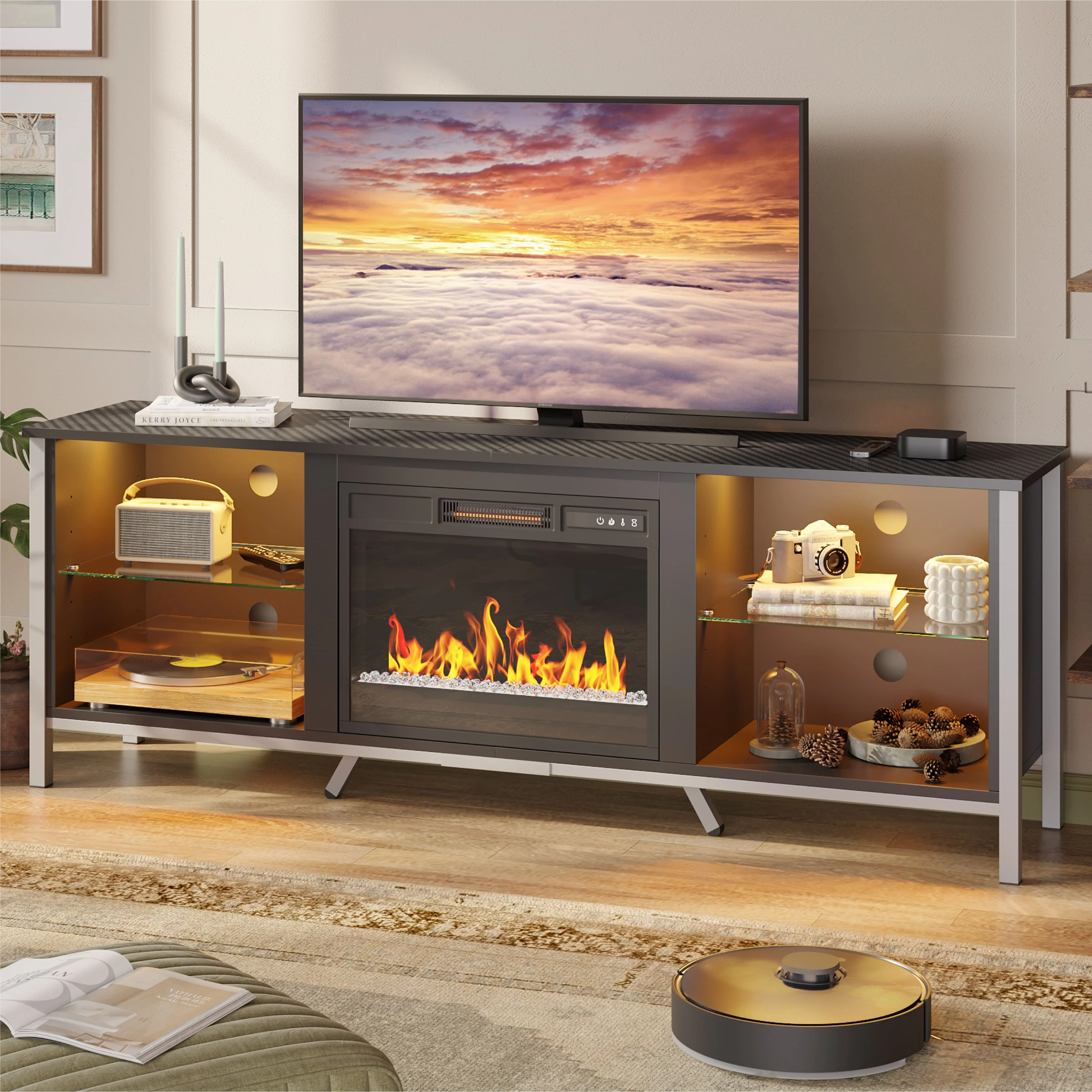 Bestier 70' Fireplace TV Stand for TVs up to 80' TV LED Entertainment Center with 23' Fireplace, Carbon Fiber