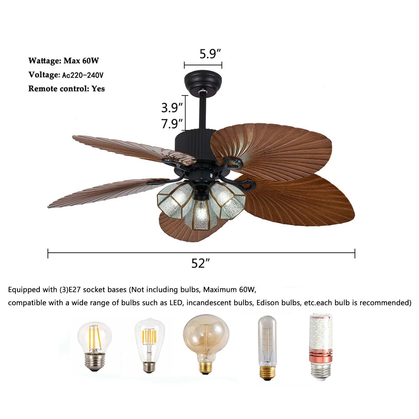 52'' Ceiling Fan Light Without Bulb Reversible Fan Chandelier 5 Palm Leaf Blades with Remote Control