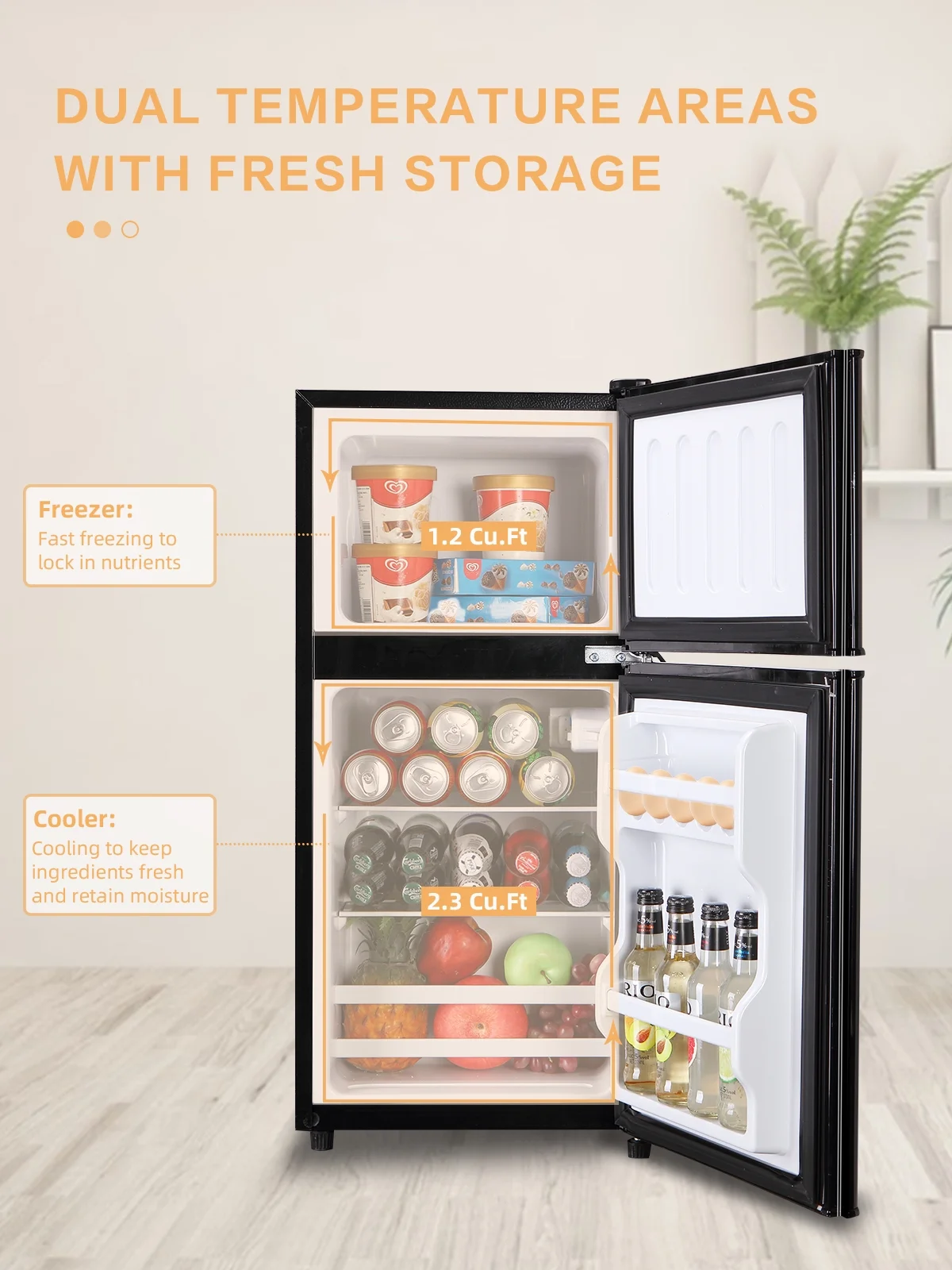 KRIB BLING 3.5 Cu.ft Mini Fridge with 7 Level Thermostat, Compact Refrigerator with Freezer on Top, Ideal for Dorm, Office, Black