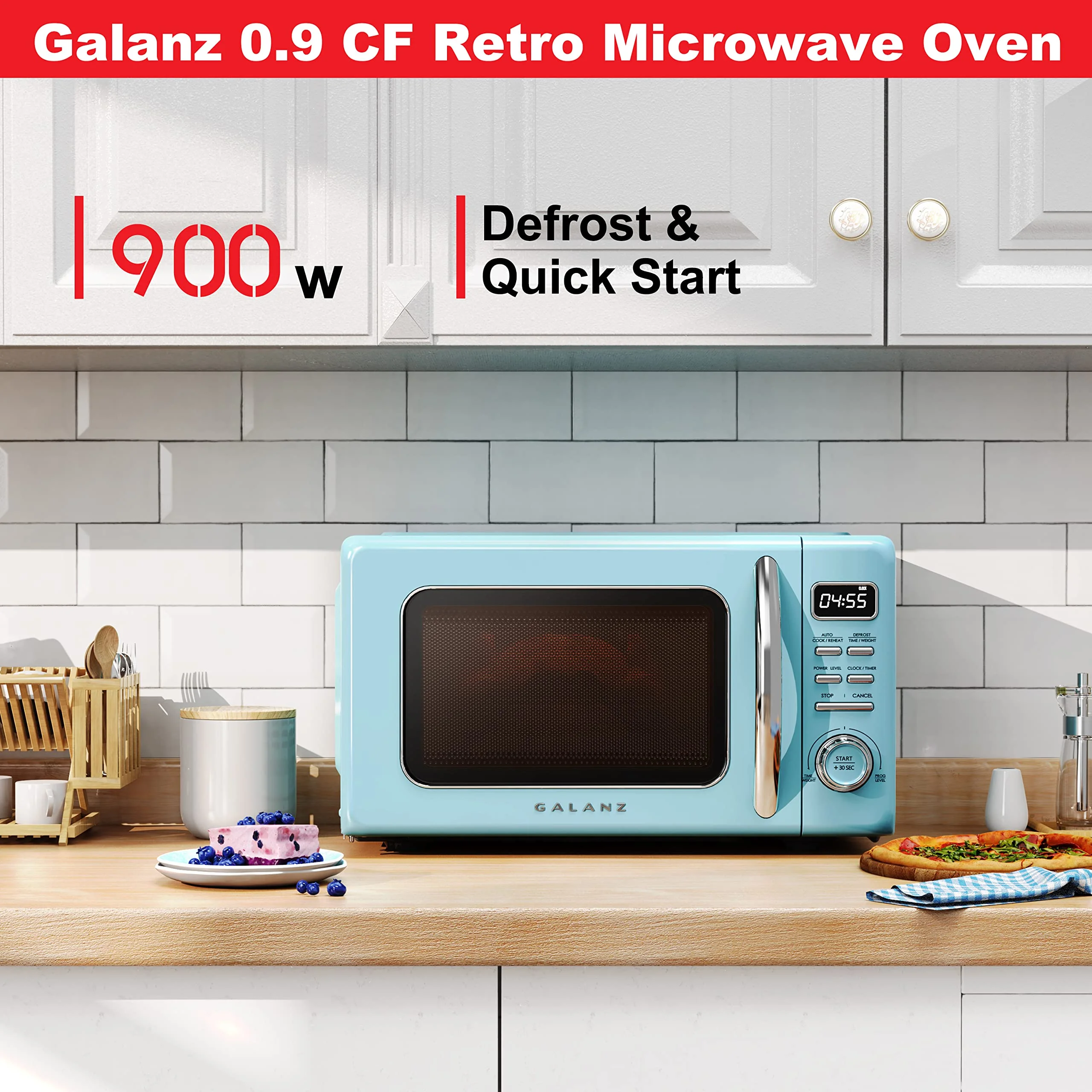 Galanz GLCMKZ09BER09 Retro Countertop Microwave Oven with Auto Cook & Reheat, Defrost, Quick Start Functions, Easy Clean with Glass Turntable, Pull Handle, 0.9 cu ft, Blue