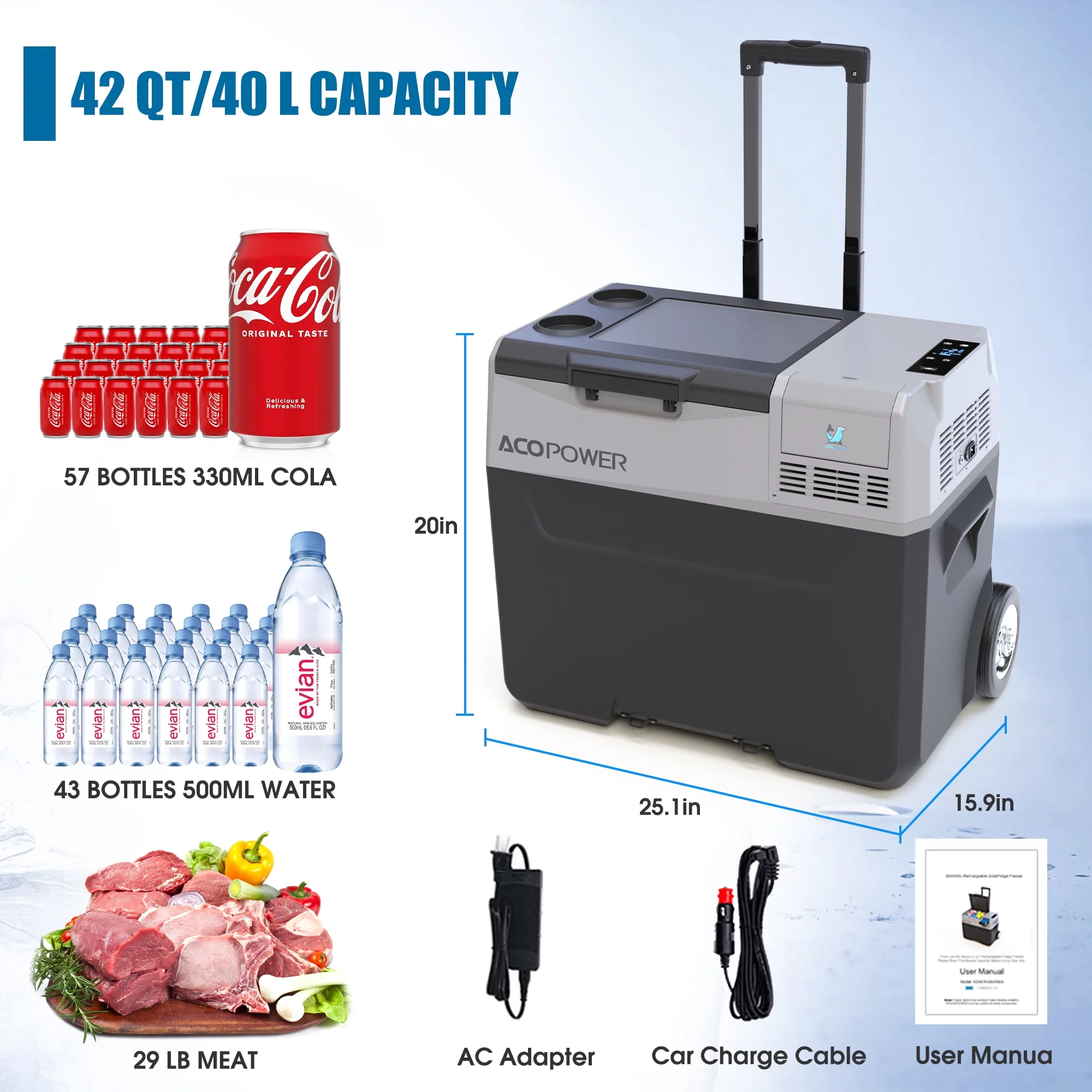ACOPOWER 42Qt Portable Refrigerator Freezer Car Freezer with Battery and 6'' off-Road Wheels, 12V,45W Cooler Freezer,Low Noice