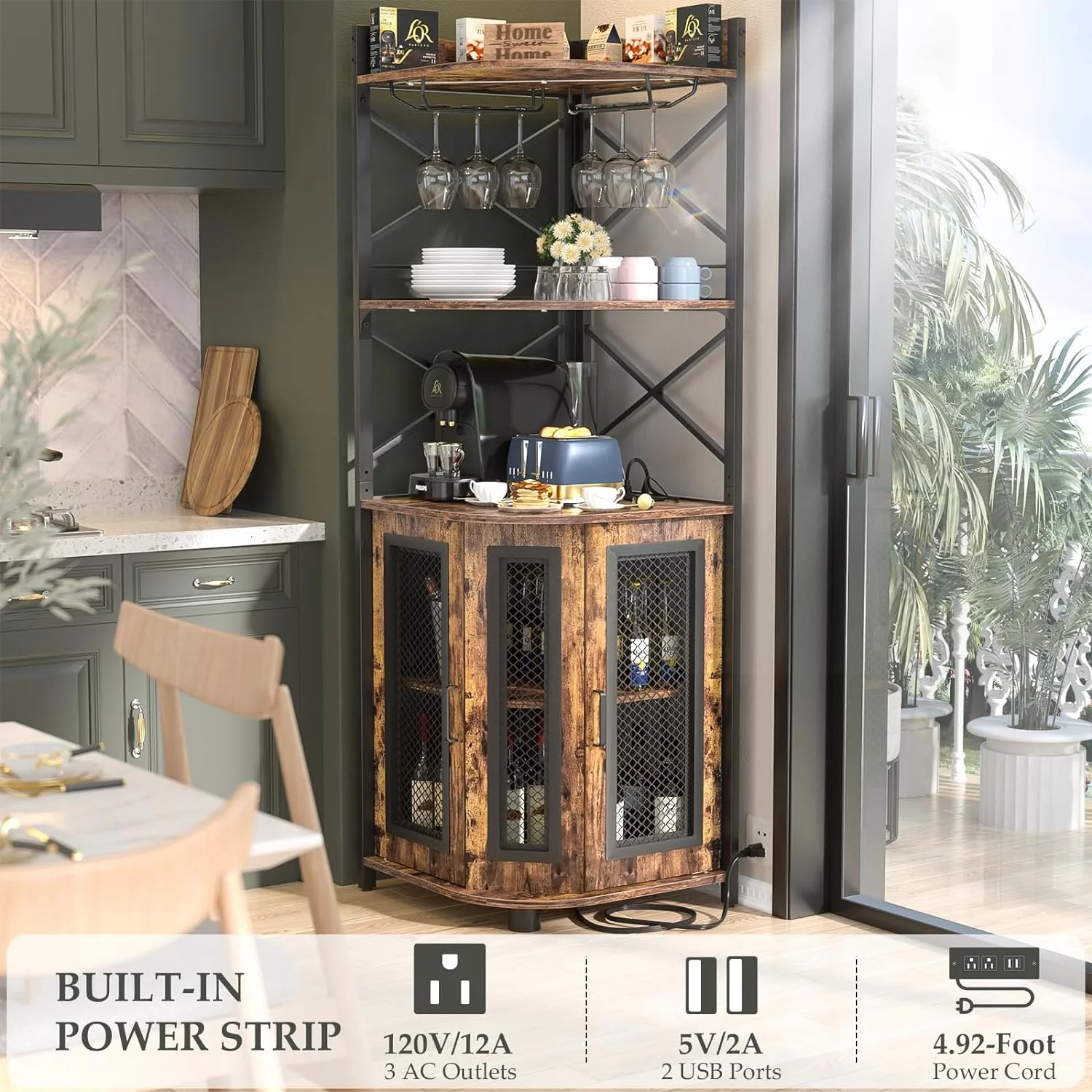 Homieasy Corner Bar Cabinet with Power Outlet, Industrial Wine Cabinet with LED Strip and Glass Holder, 5-Tiers Liquor Cabinet Bar Unit for Home, Corner Display Cabinet for Small Space, Rustic Brown