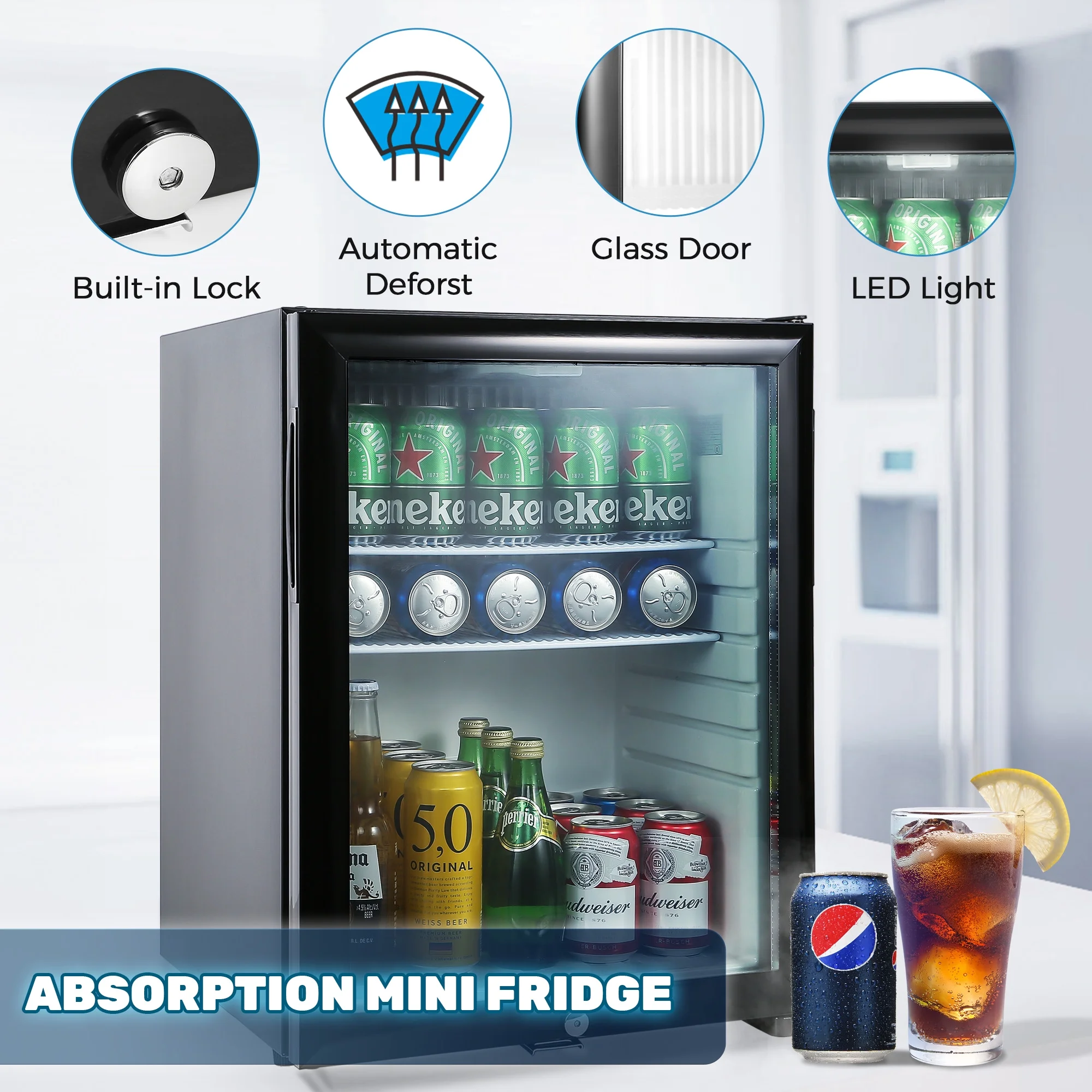 Chingoo Quiet Mini Fridge, 23' H 1.8 Cu.ft Beverage Refrigerator Compact Cooler with Glass Door with Lock & Adjustable Shelves for Bedroom Dorm RV Hotel Office