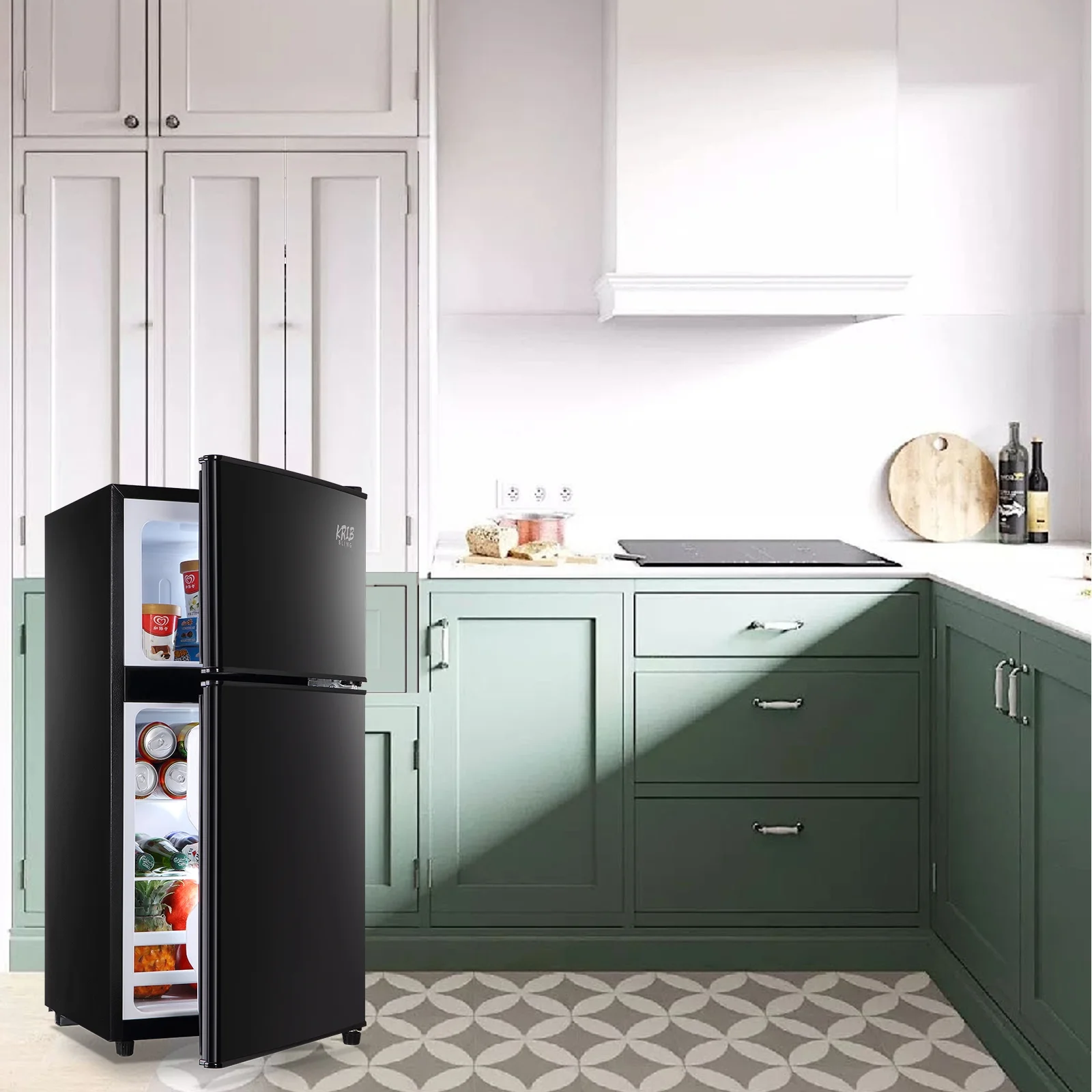 3.5Cu.ft Compact Refrigerator, Krib Bling Fridge with Dual Door Small Refrigerator with Freezer, Black