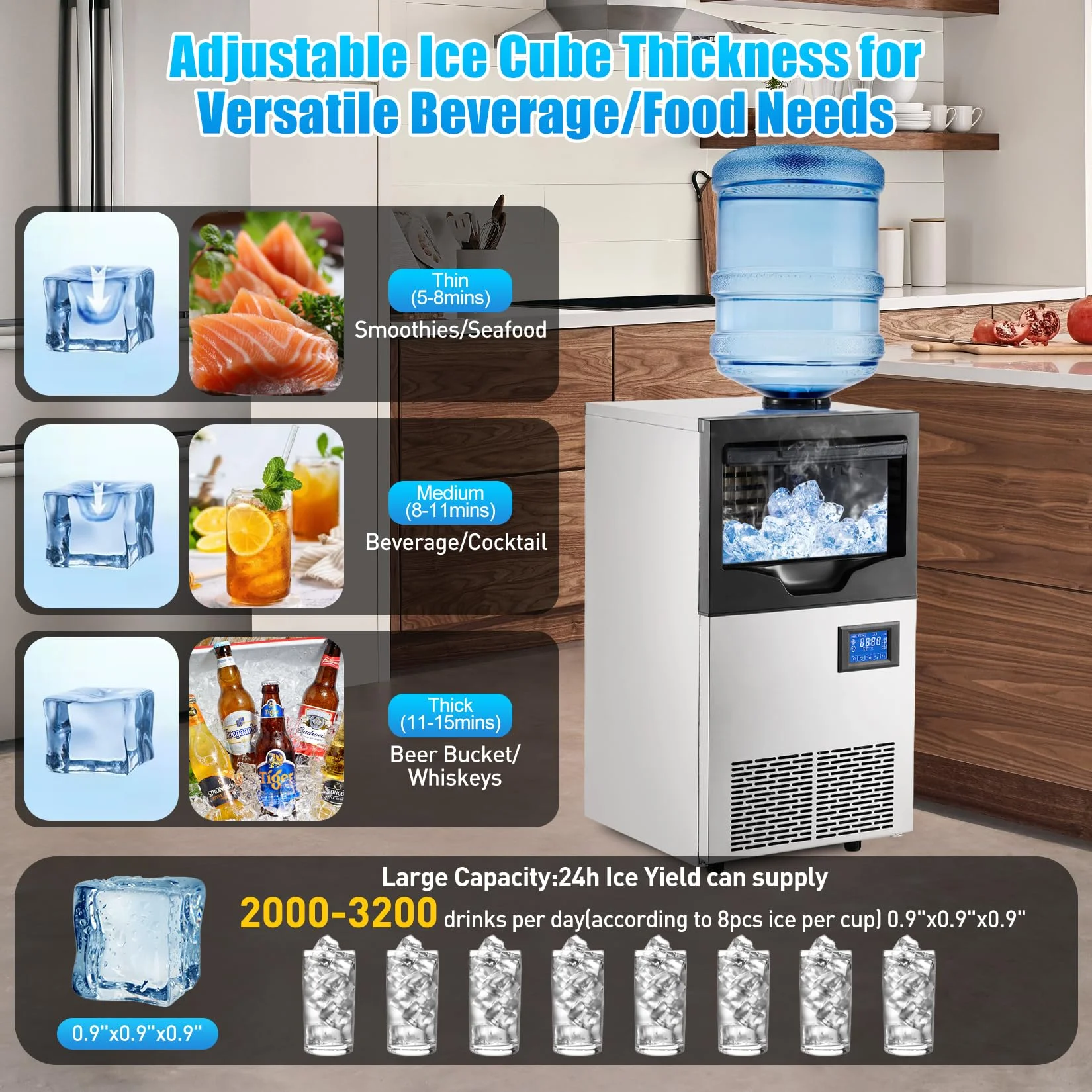 Homhougo��Towallmark 110V Commercial Ice Maker 140lbs/24h with 22 lbs Storage 6x11 Cubes Commercial Ice Machine 110V Automatic Ice Machine