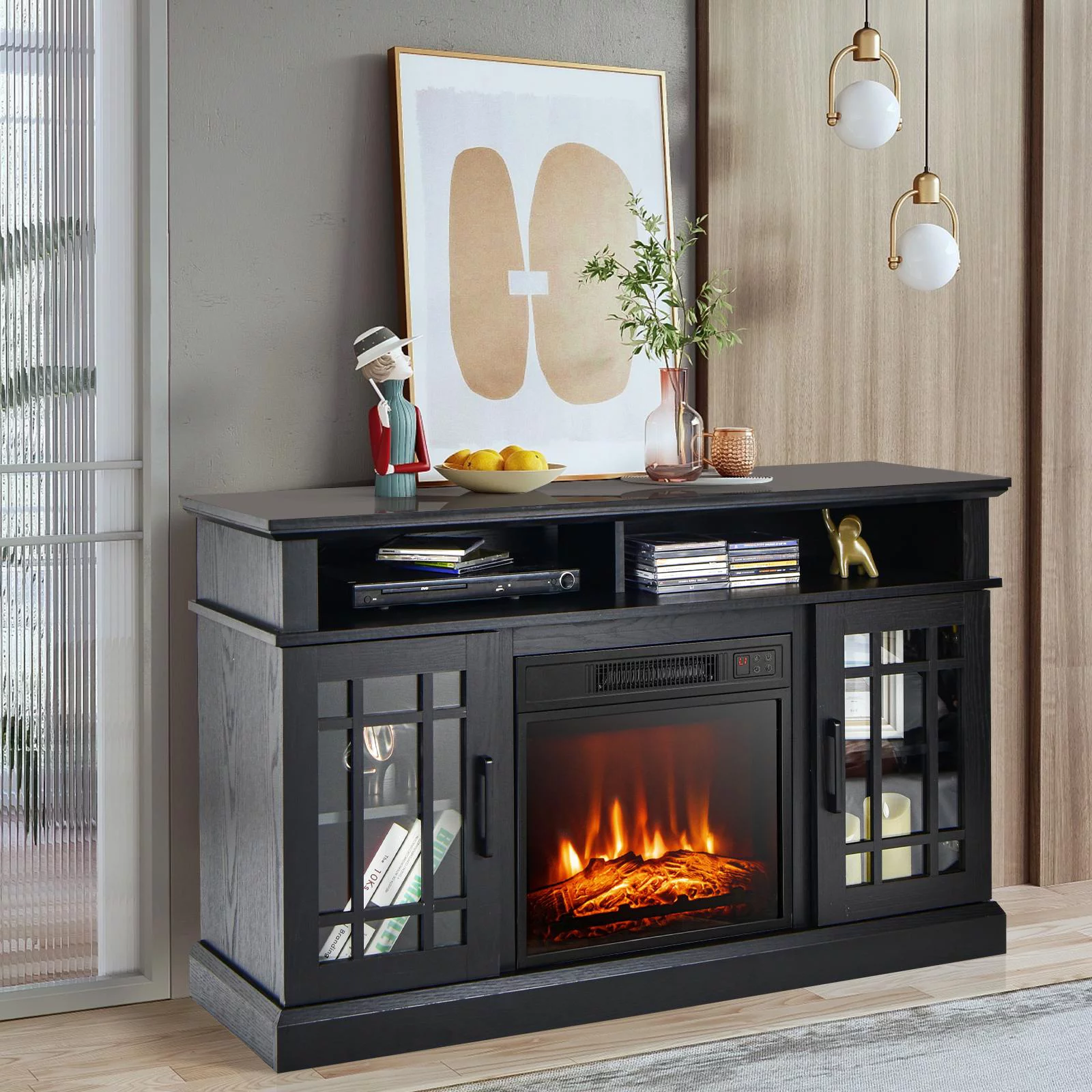 Giantex 48' Wooden TV Stand w/Fireplace, Electric Fireplace TV Cabinet, Farmhouse Media Entertainment Center Console Table, Black