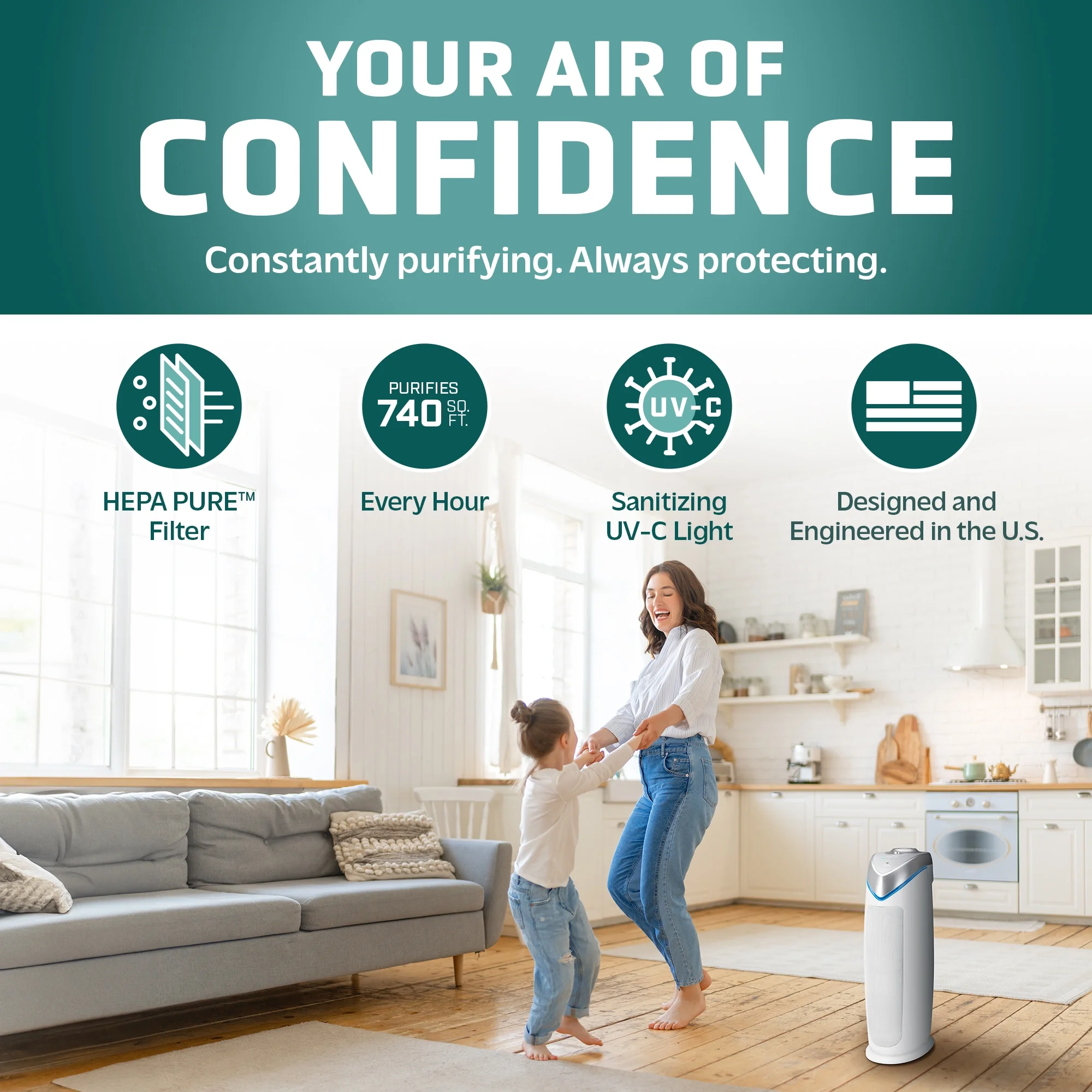 GermGuardian Air Purifier with HEPA Filter and UV-C Sanitizer, 743 Sq. ft, AC4825W, White