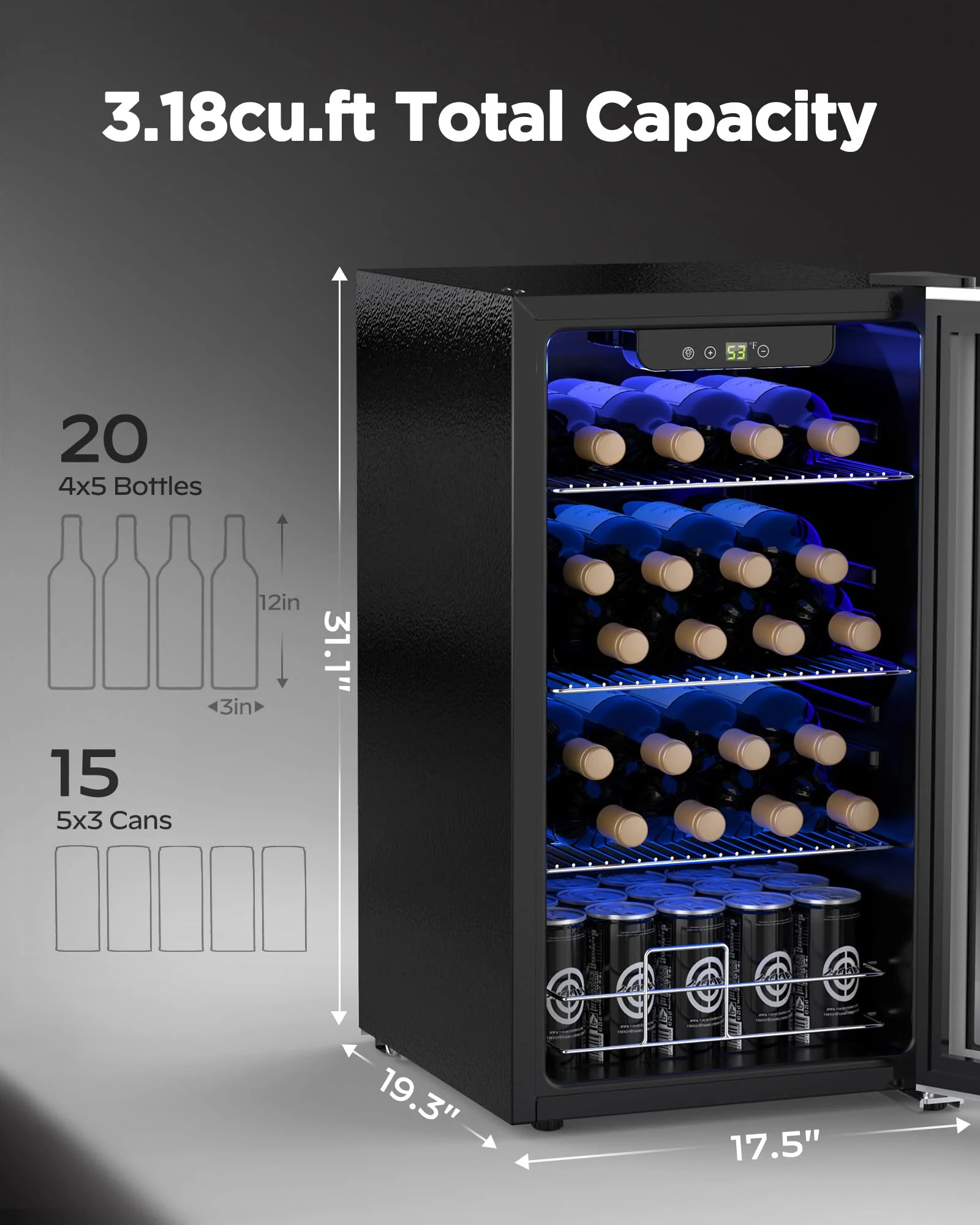 26 Bottle Wine Cooler Refrigerator, Freestanding Compact Digital Control Beverage Fridge with Glass Door