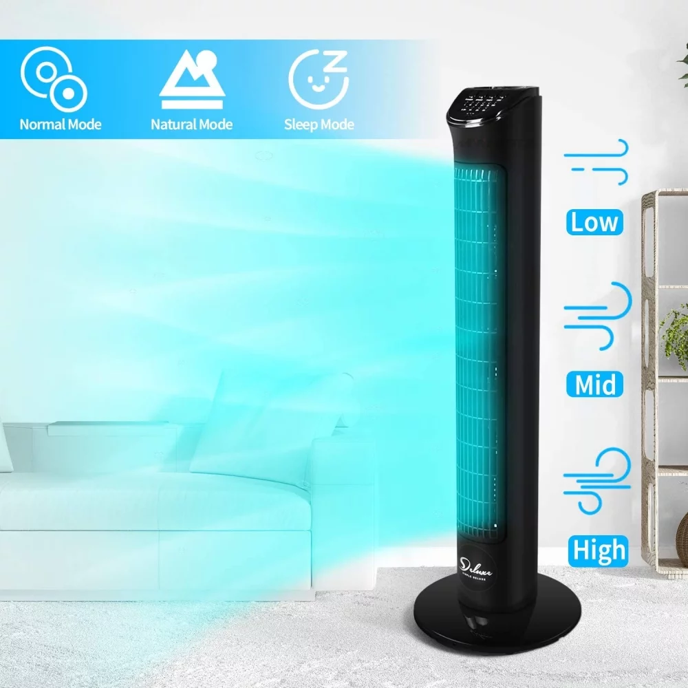 32'' Electric Oscillating Tower Fan with Remote Control for Indoor, Baby Room, Bedroom and Home Office, Equipped with 3 Powerful Modes & 3 Fan Speeds, Standing Fan, Remote Fan, Black