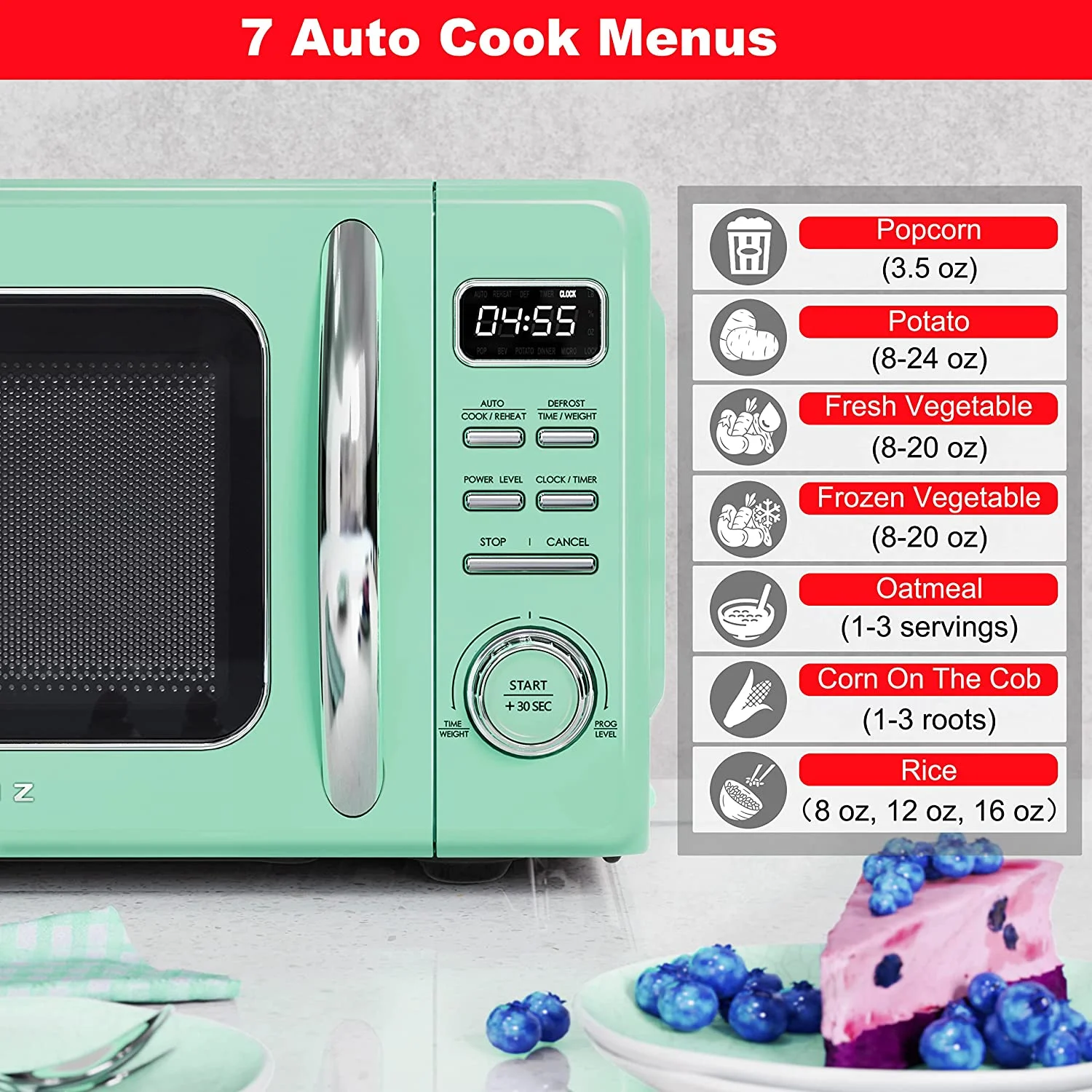 Galanz Retro Countertop Microwave Oven with Auto Cook & Reheat, Defrost, Quick Start Functions, Easy Clean with Glass Turntable, Pull Handle, 1.1 cu ft, Green