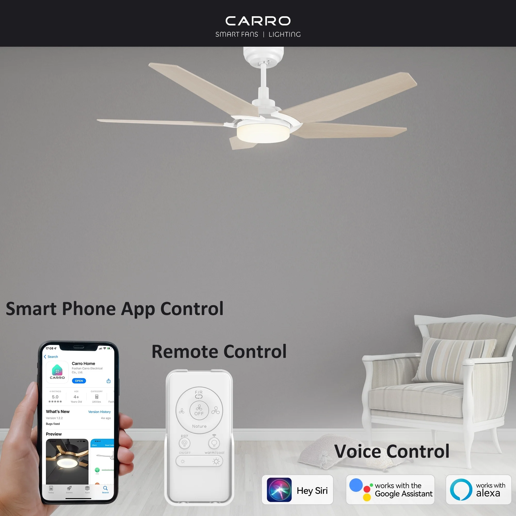 Boreas 52-inch Indoor/Outdoor Smart Ceiling Fan, Dimmable LED Light Kit & Remote ,Works with Alexa /Google Home/Siri white/light wood