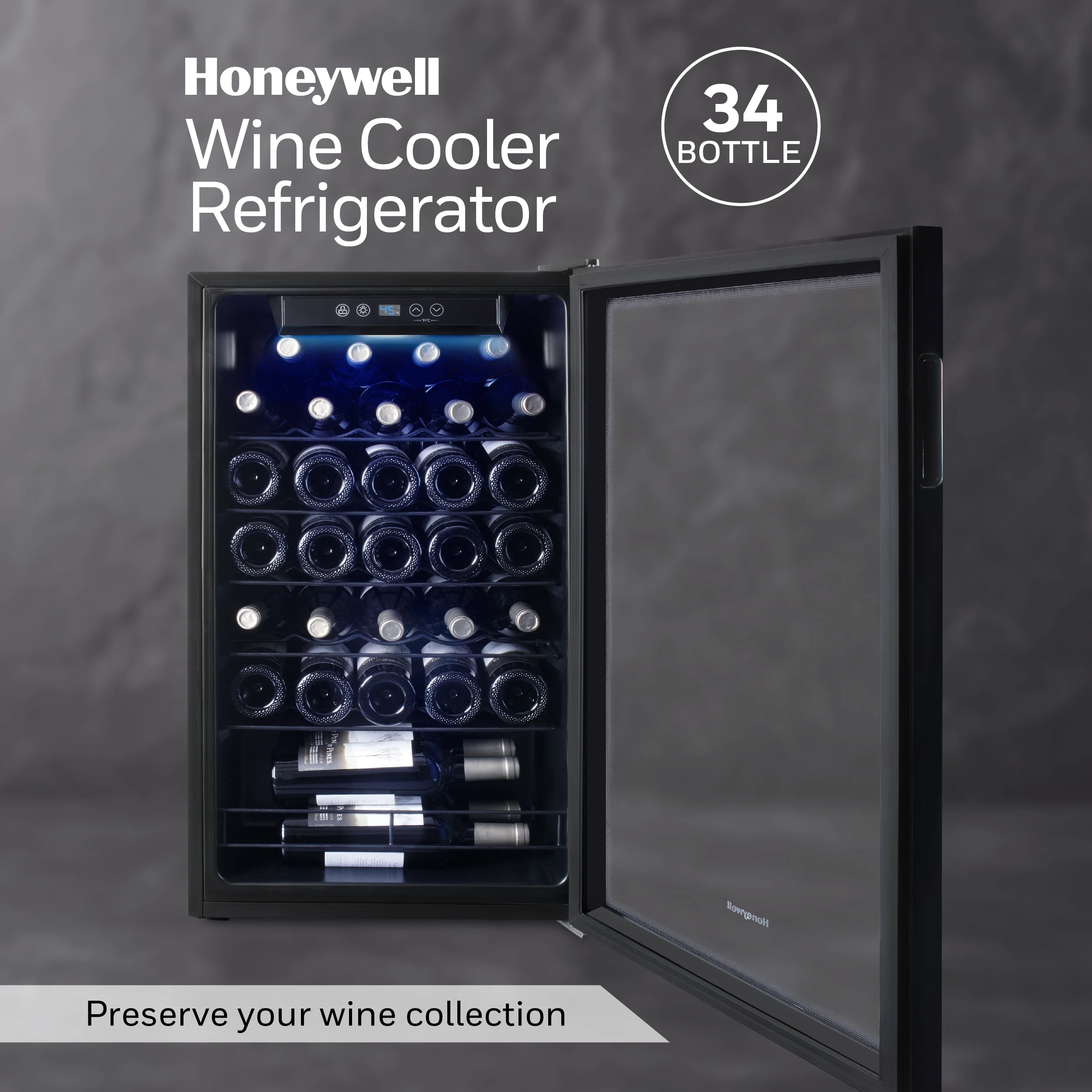 Honeywell 34 Bottle Compressor Wine Cooler, Large Freestanding Wine Cellar for Red, White, Champagne, Digital Temperature Control, Stainless Steel