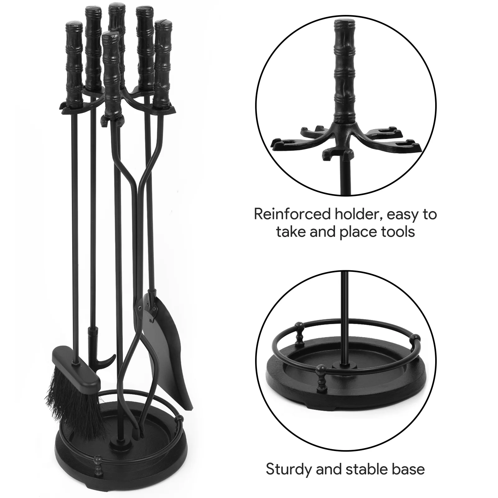 Amagabeli 5 Pieces Fireplace Tools Sets Wrought Iron Indoor Fireplace Set with Poker Tongs Broom Shovel Stand Fire Tools Outdoor Fire Poker Set Fire Place Fire Pit Hearth Accessories Sets Black