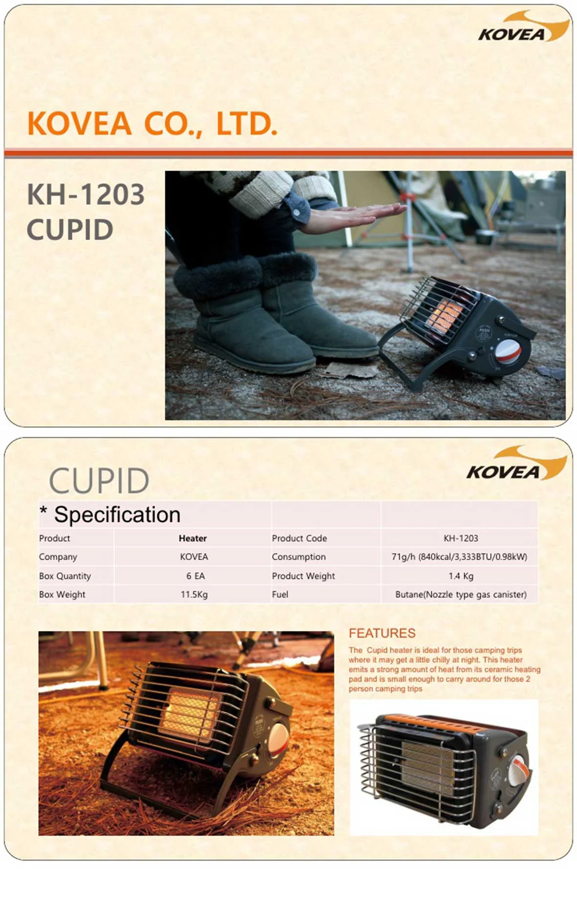 Kovea KH-1203 Cupid Portable Butane Gas Heater & Hard Case Camping Outdoor