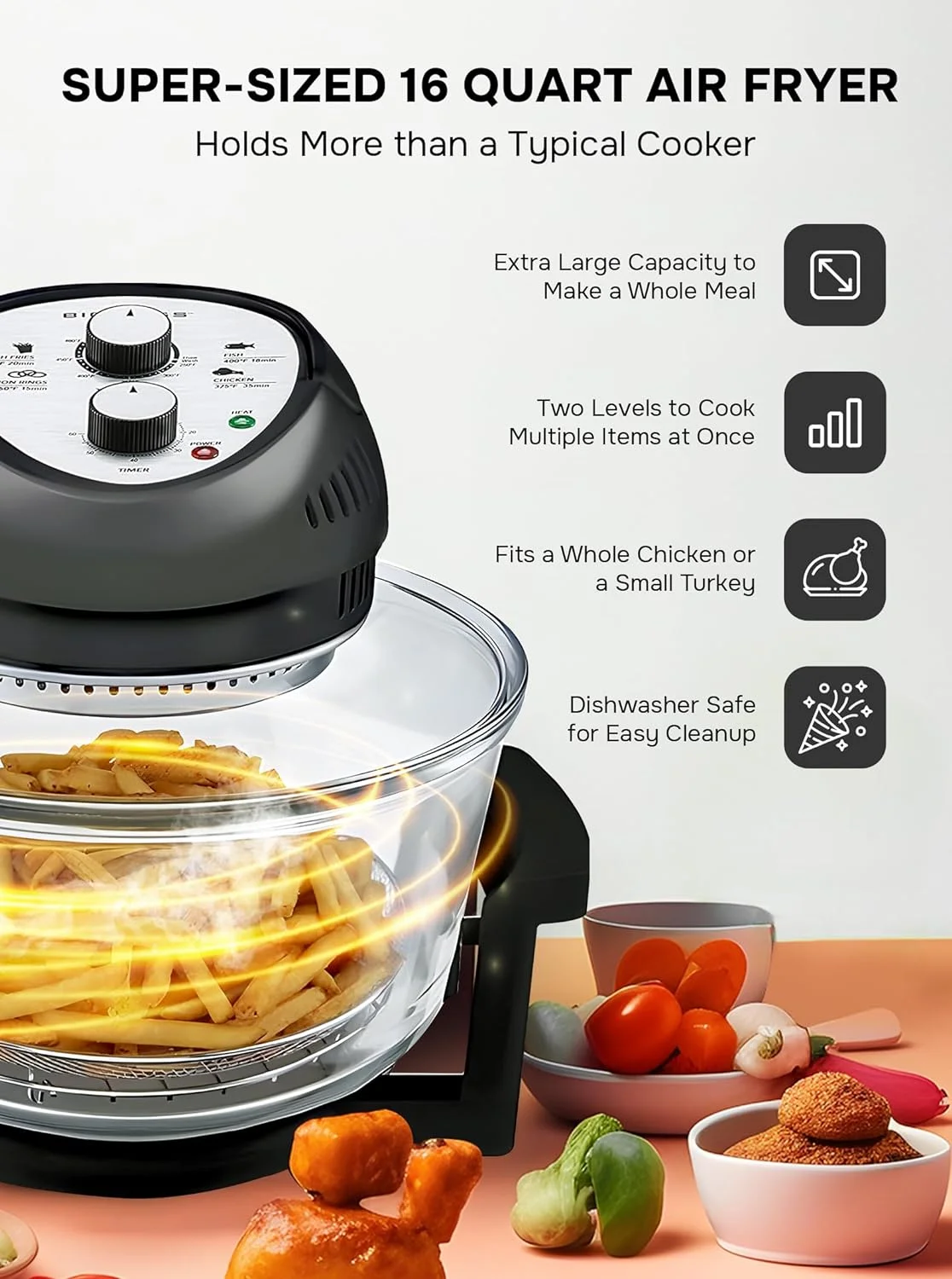 Big Boss 16Qt Large Air Fryer Oven with 50+ Recipe Book AirFryer Oven Makes Healthier Crispy Foods Black