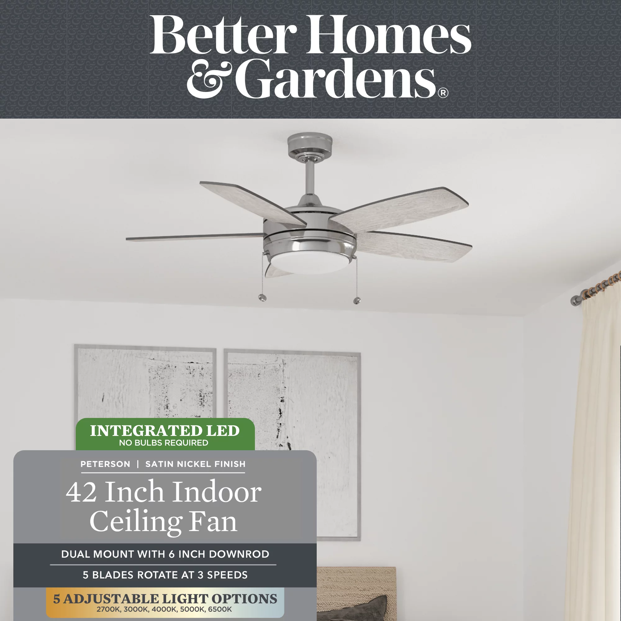 Better Homes & Gardens 42' Peterson Nickel Indoor Ceiling Fan with Light, 5 Blades, Pull Chains & Reverse Airflow
