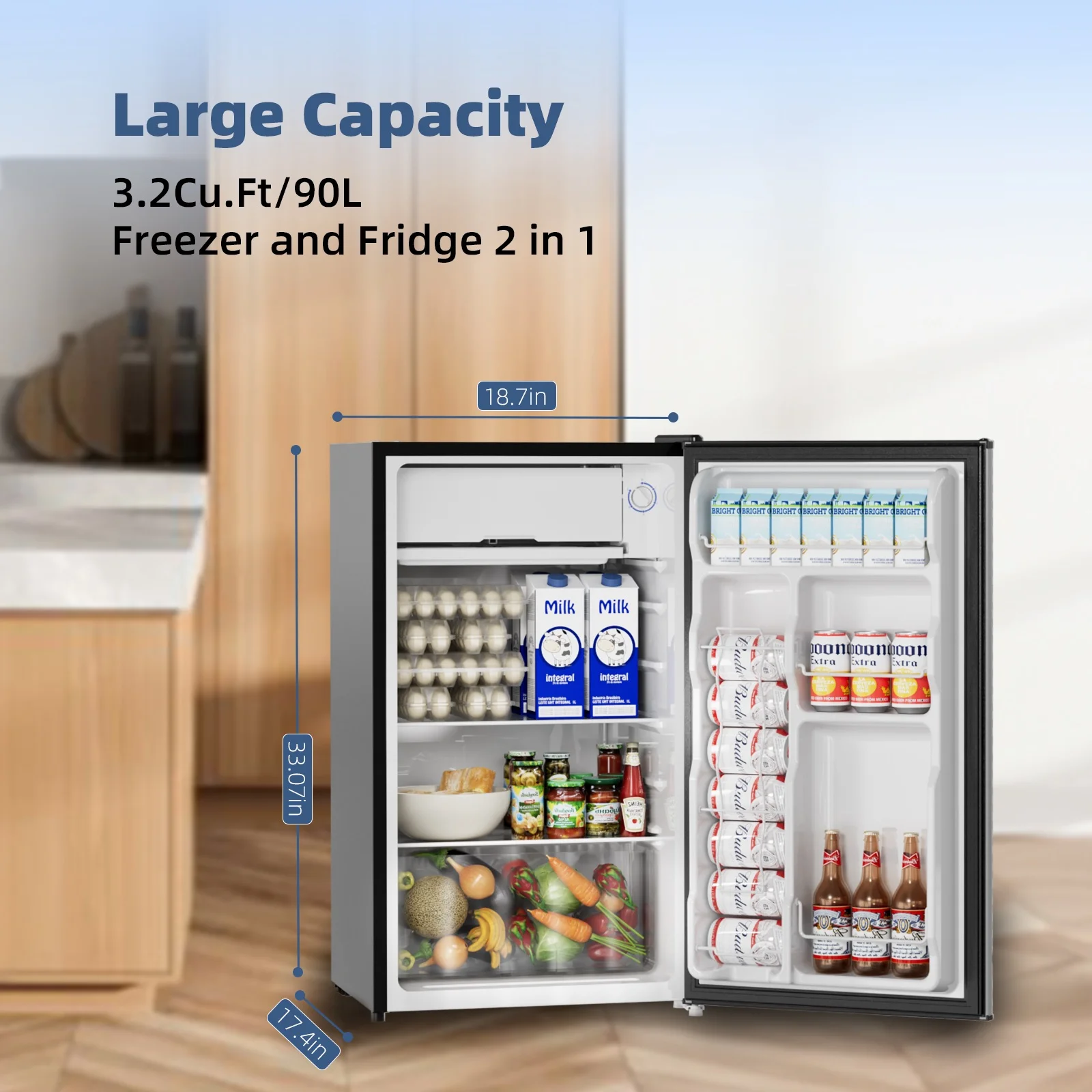BANGSON Mini Fridge, 3.2 cu.ft. Small Fridge with Reversible Door, Compact Fridge for Dorm, Silver