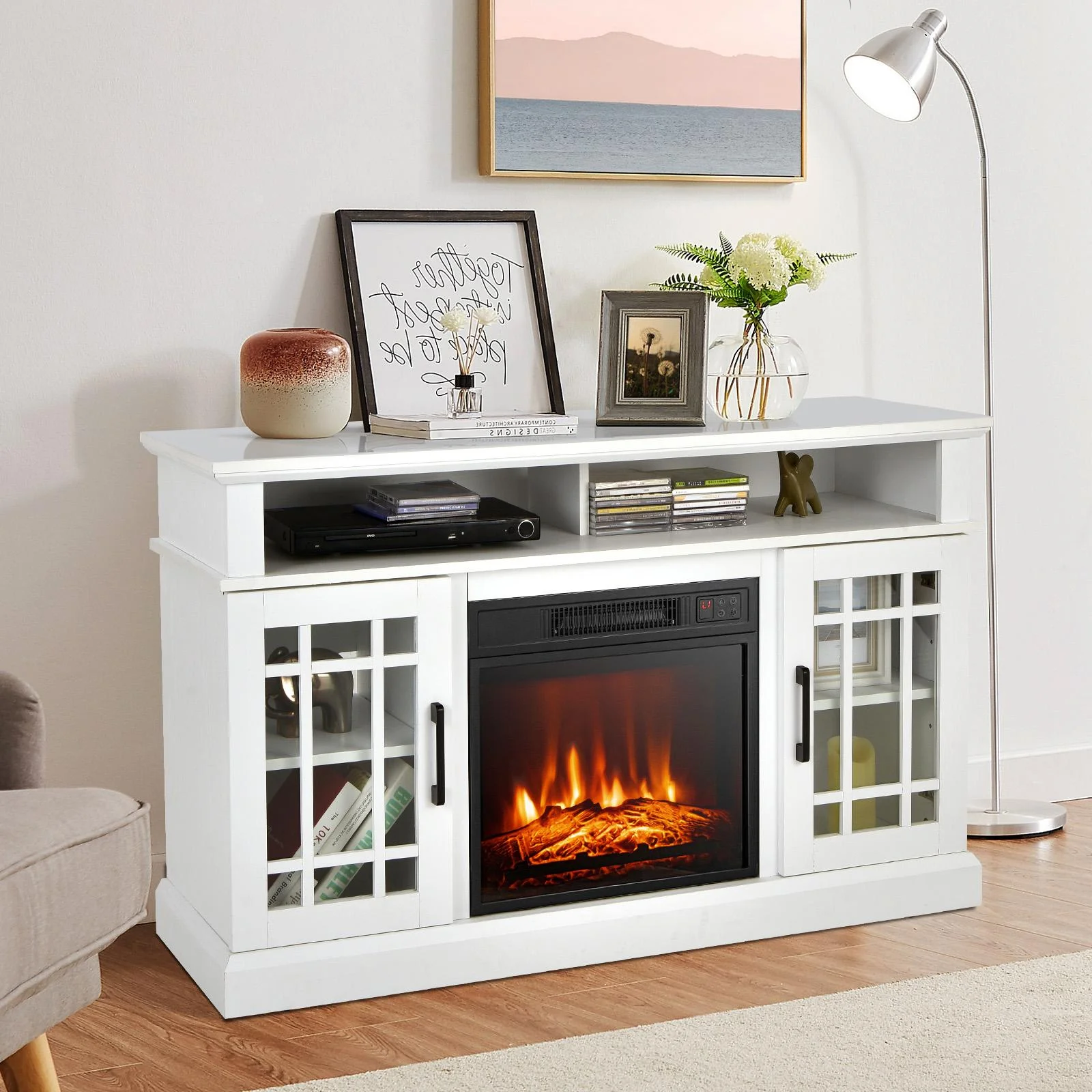 Giantex 48' Wooden TV Stand w/Fireplace, Electric Fireplace TV Cabinet, Farmhouse Media Entertainment Center Console Table, White