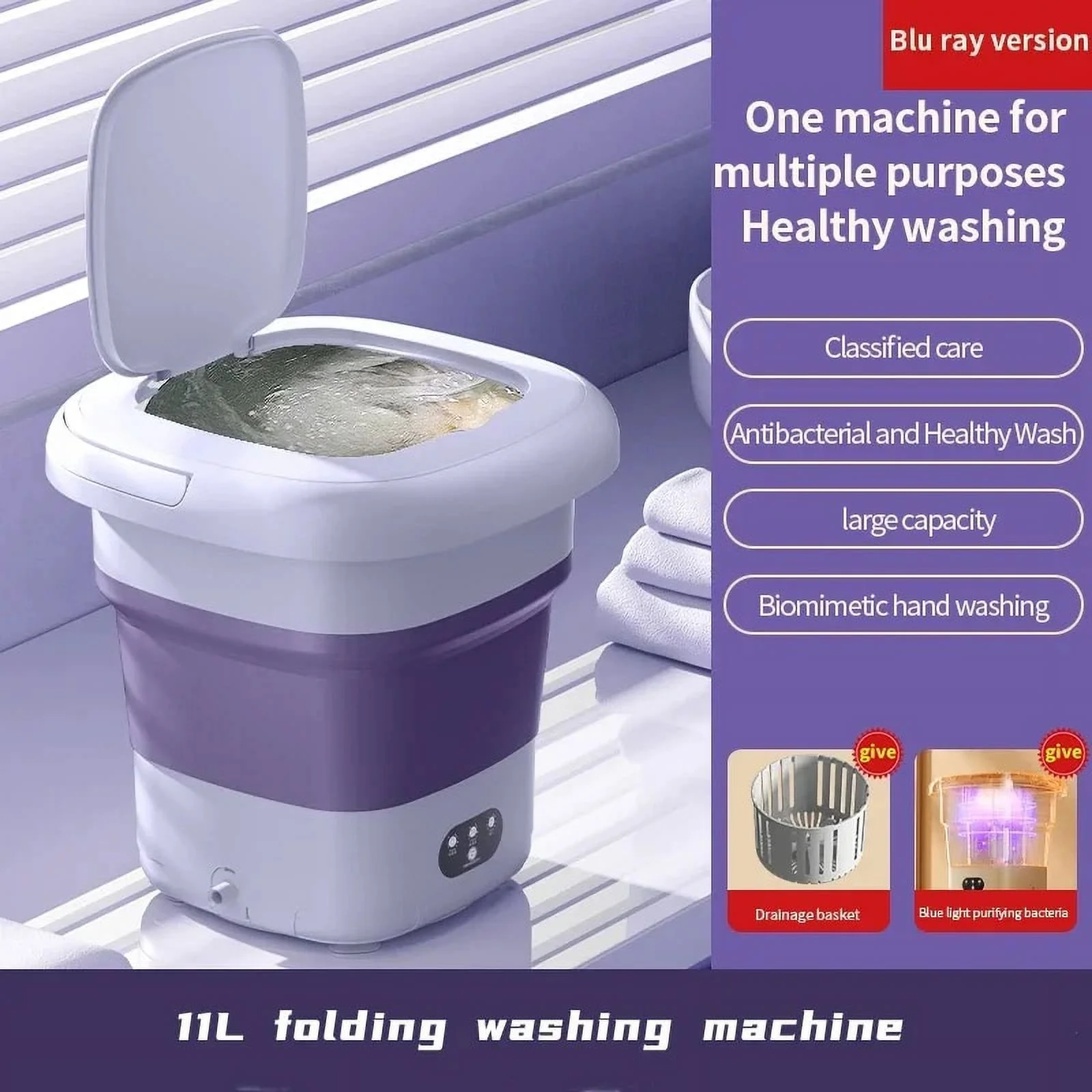 2024 New Washing Machine 11L Folding Big Capacity with Clothes Spin Dryer Bucket Travel Underwear Socks Panties Washing Machine