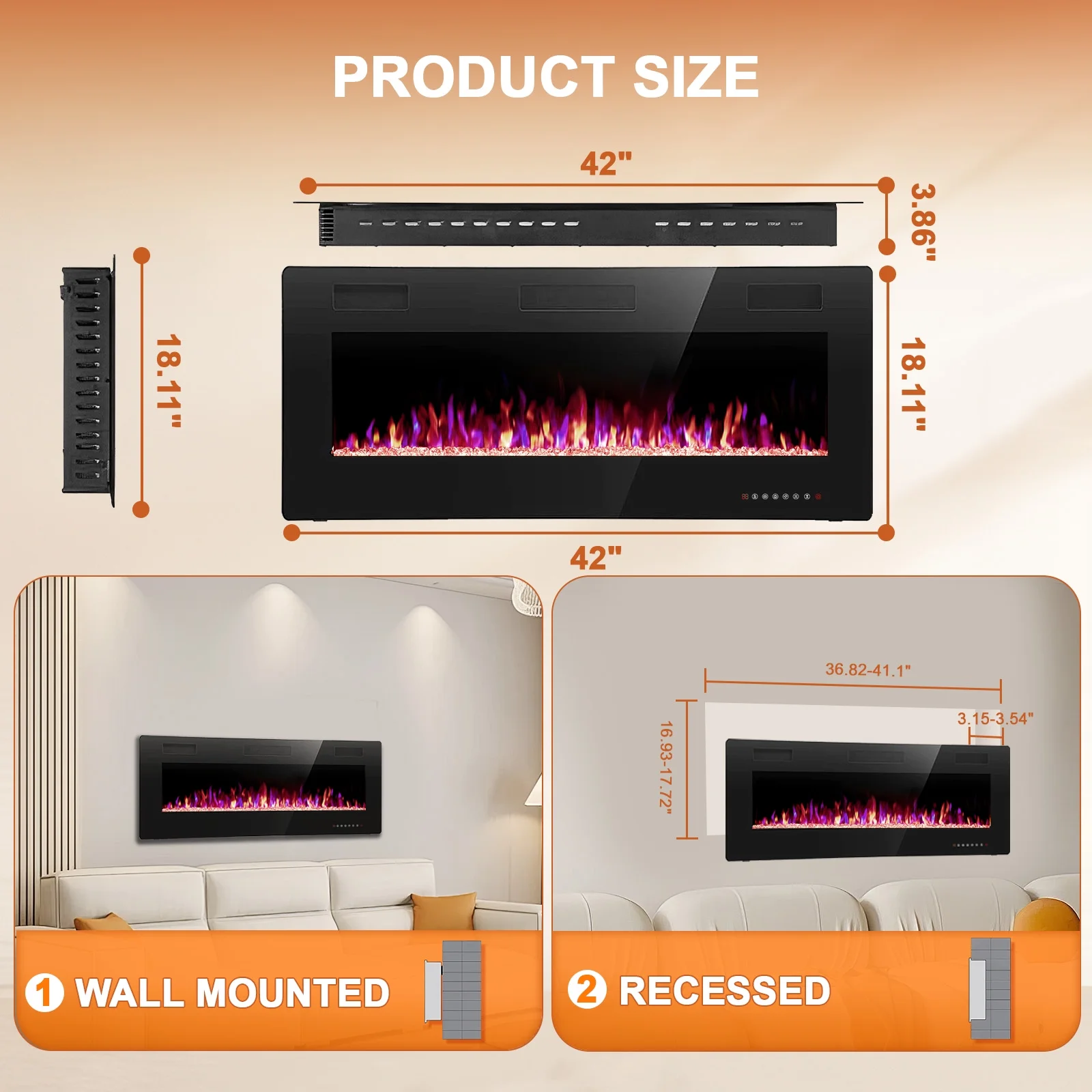 KISSAIR 42'' 1500W Wall Mounted Recessed Electric Fireplace,12 Flame Color Modes,Touch Screen & Remote Control,Ultra Thin & Low Noise