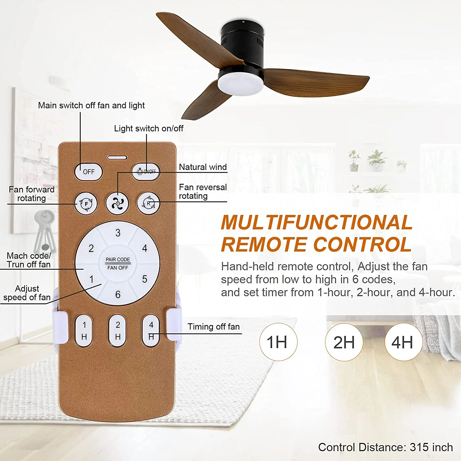 Hottes 44' Kit Control Hunter Minimus Low Profile Indoor Ceiling Fan with LED Light and Handheld Remote, Matte Finish