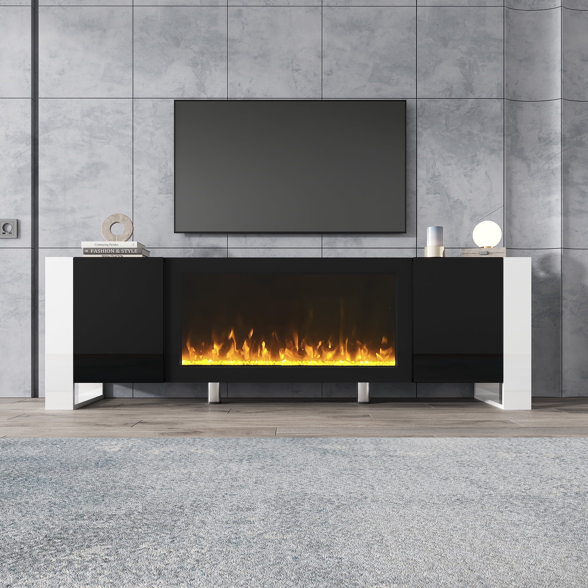 EUROCO TV Stand for 70' TV Entertainment Center TV Media Console Table with 34.2' Electric Fireplace, 2 Cabinets, Black