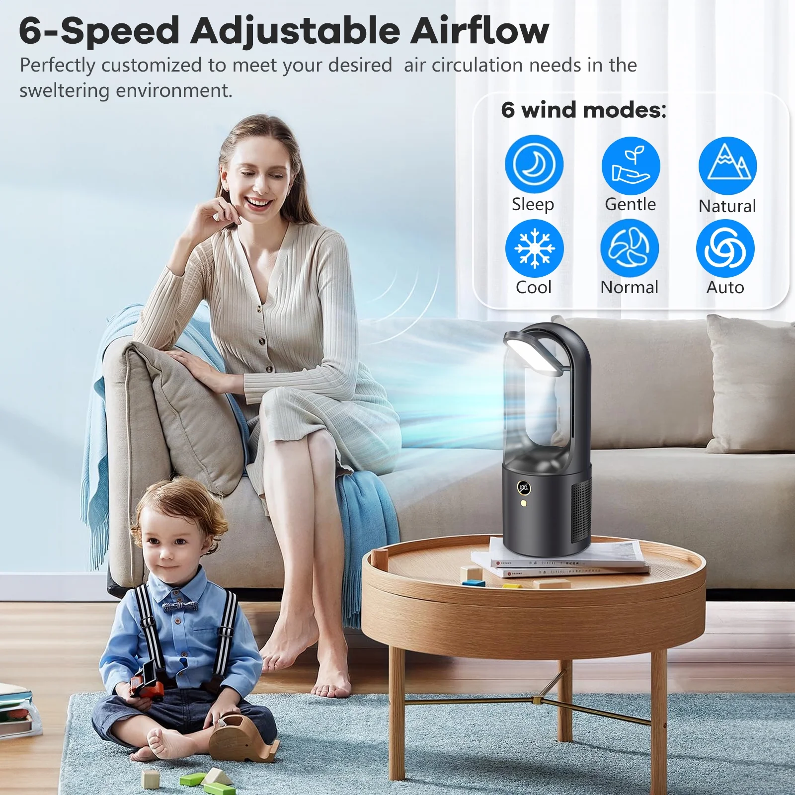 BRC Bladeless Fan with Light, Bladeless Fan Small Quiet Table Fan, with 6 Speeds and 3 Light Modes, 13 Inch Personal Desk Fan for Bedroom Home Office Desktop, Dark Gray