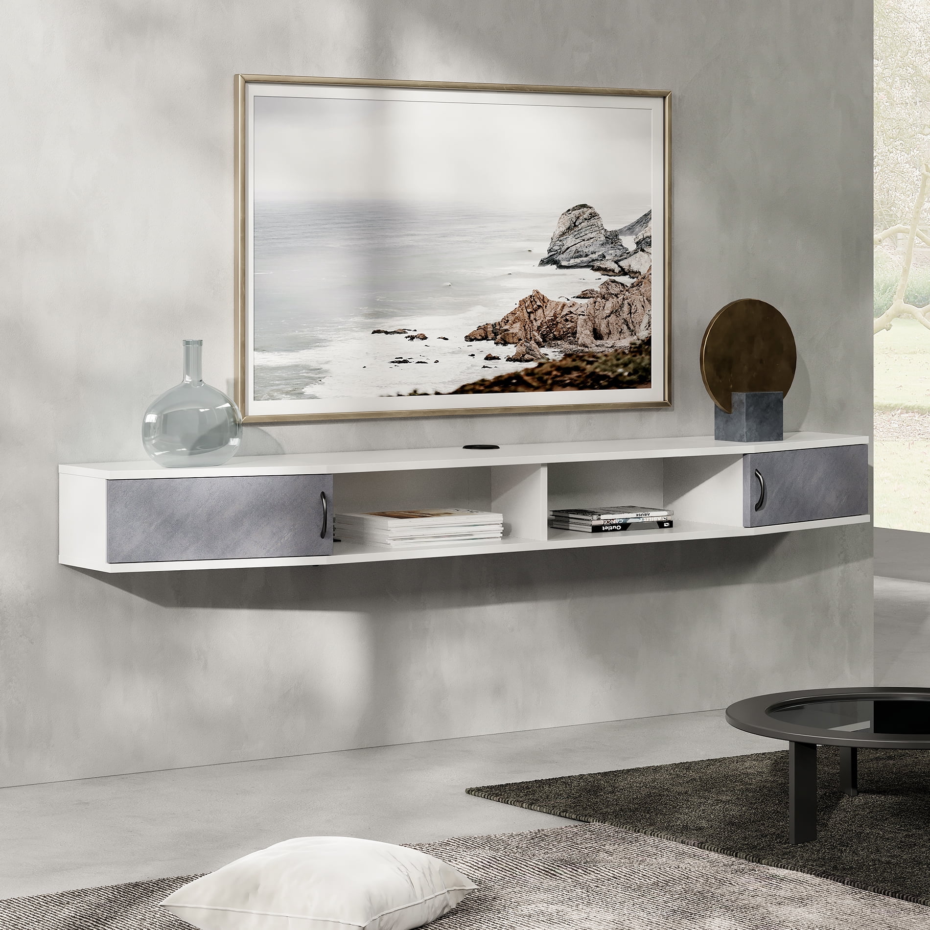 70 Inch Floating TV Stand with Storage Cabinet for TVs up to 80 inch,White&Blue
