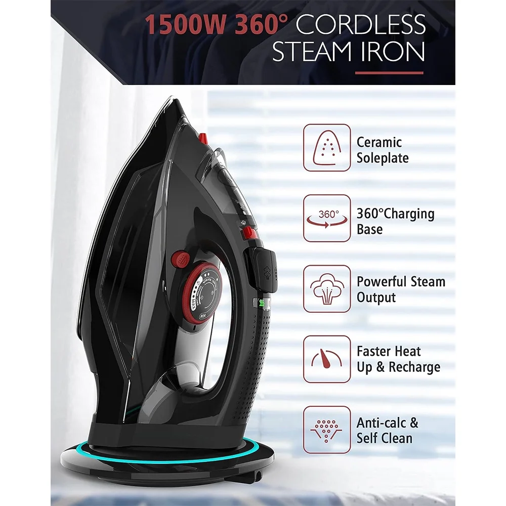 Cordless Iron, 1550W Cordless Iron with Steam for Clothes w/Water Tank, Black