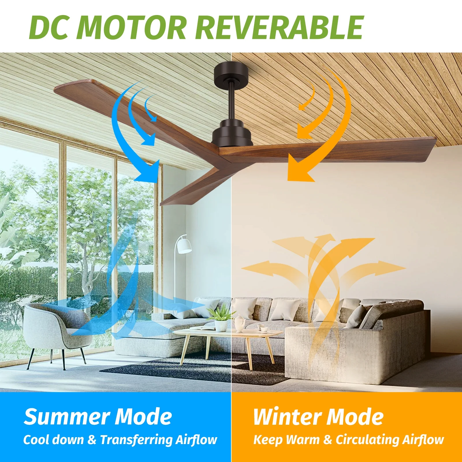 KAPOEFAN 60inch Ceiling Fan without Light, Wood Ceiling Fans no Light, Modern Outdoor Ceiling Fans with Remote,Black Solid Wooden Fan for Farmhouse Patio