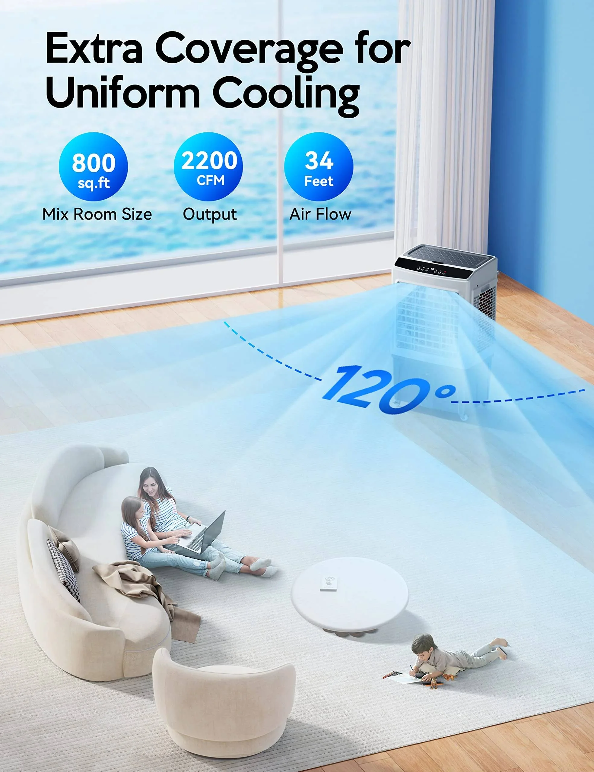 Evaporative Air Cooler, 2200CFM Swamp Cooler, 120��Oscillation Air Cooler with Remote Control, 24H Timer, 3 Modes & Wind Speeds for Outdoor Indoor Use, 9.2Gallon